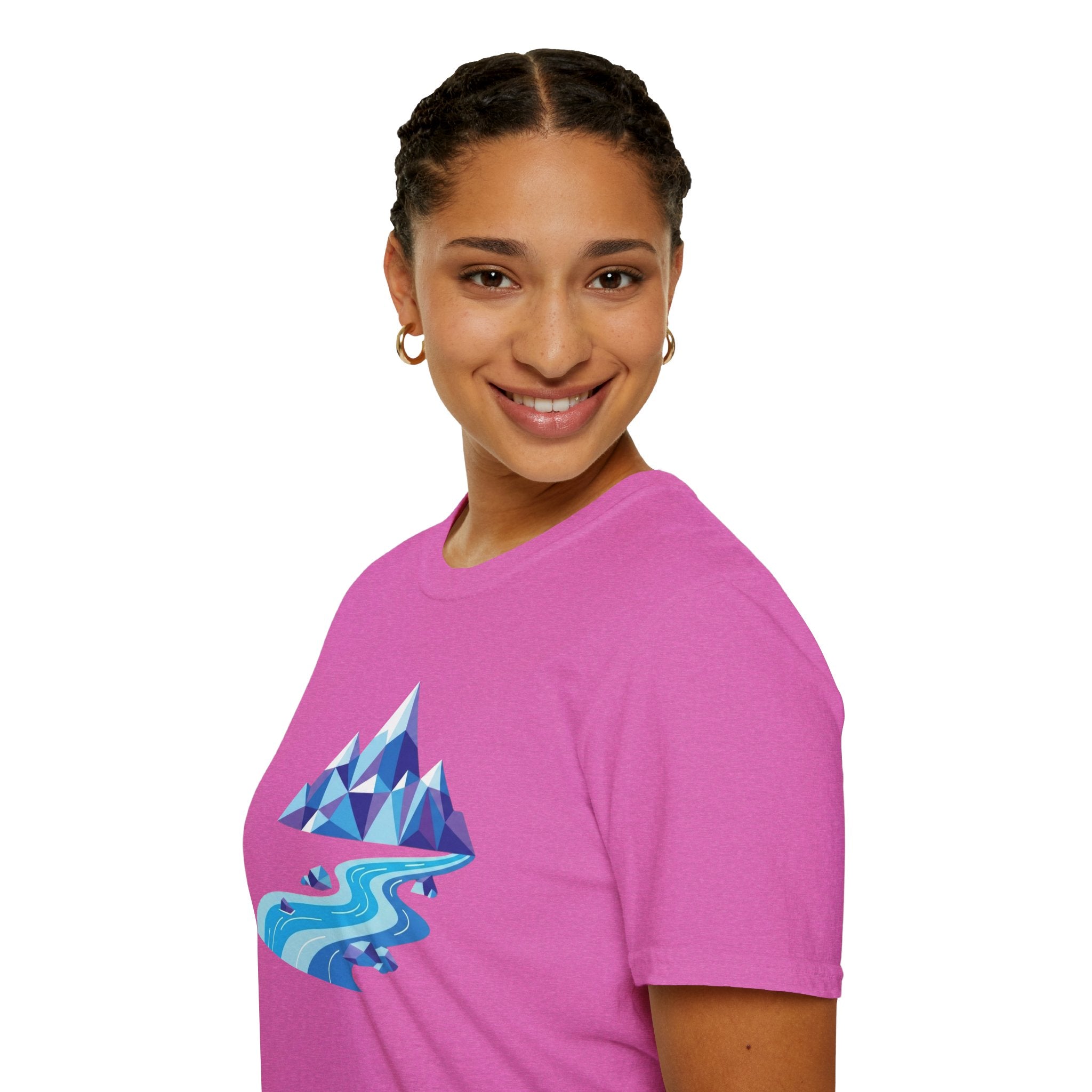 Mountain River T-Shirt — Geometric Blue Peaks & Flowing River