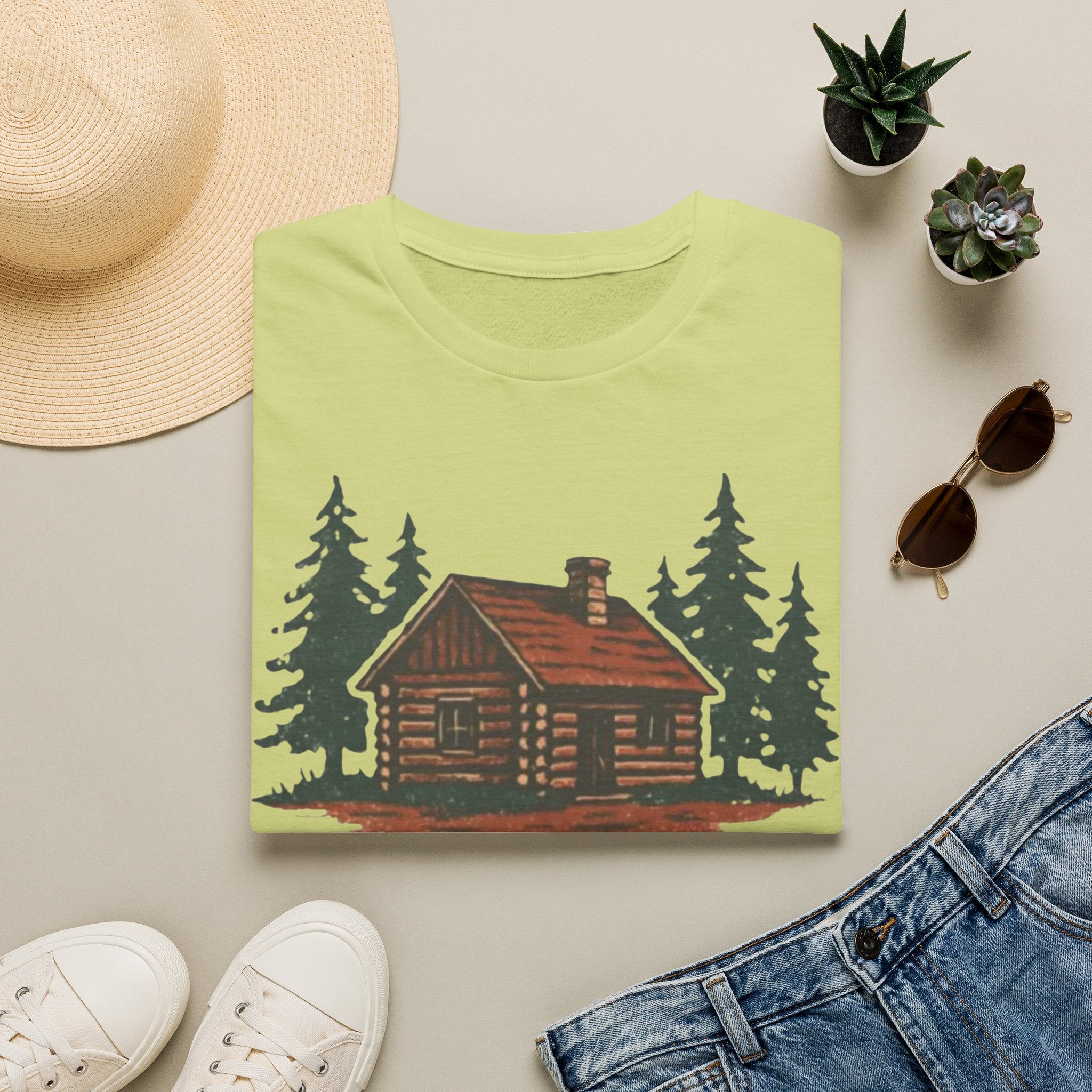 Vintage Cozy Cabin T-Shirt — Faded Pine Tree Cabin Tee