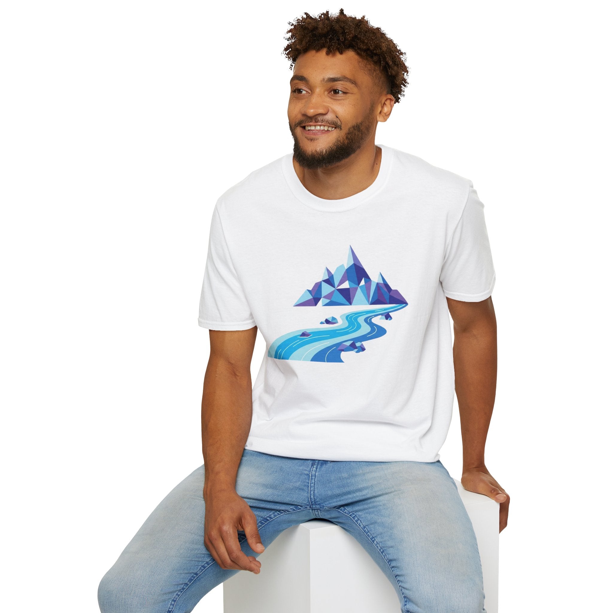 Mountain River T-Shirt — Geometric Blue Peaks & Flowing River