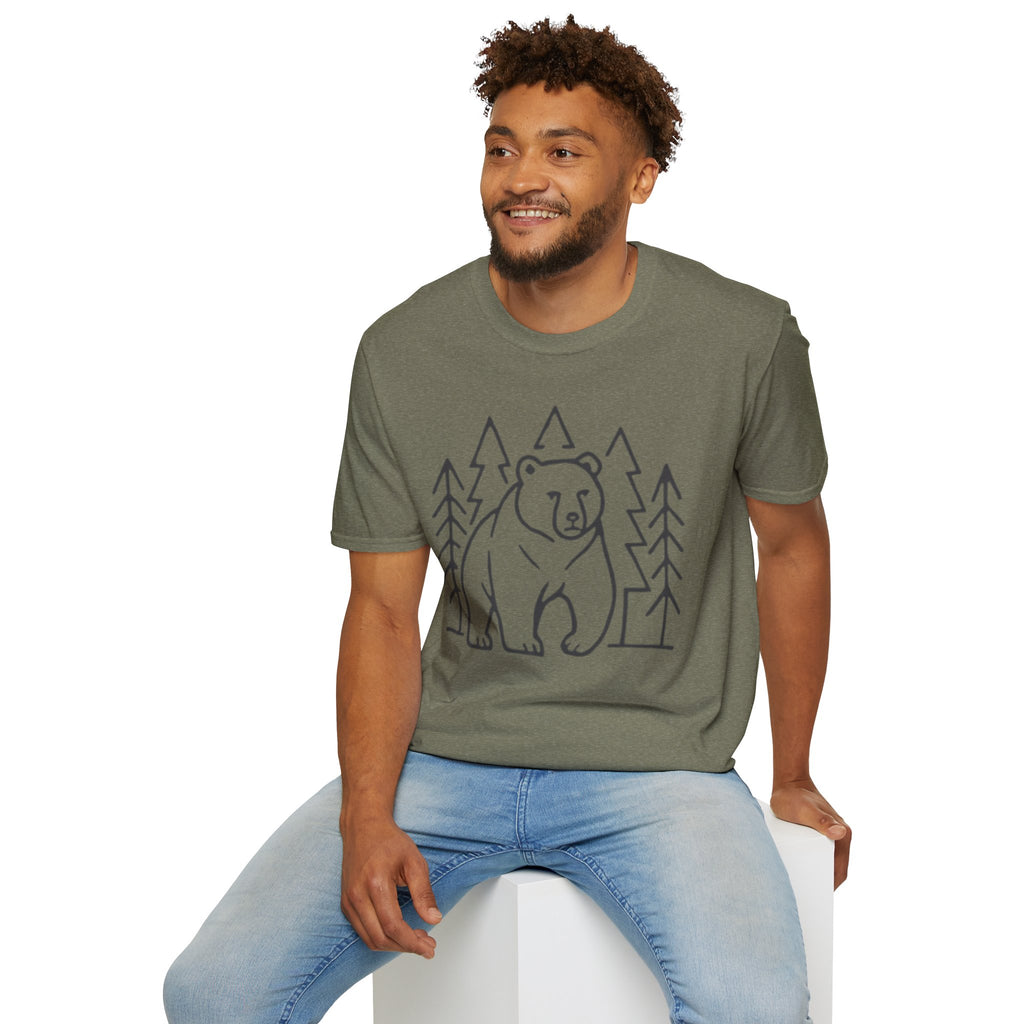 Bear & Pines T-Shirt — Minimal Line Drawing Woodland Tee