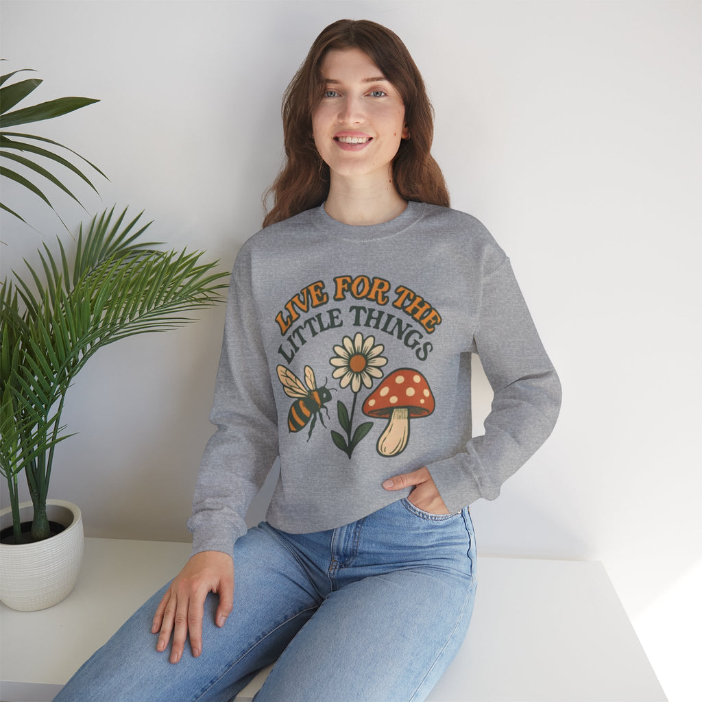 "Live For The Little Things" Bee, Daisy & Mushroom Retro Nature Design Crewneck Sweatshirt