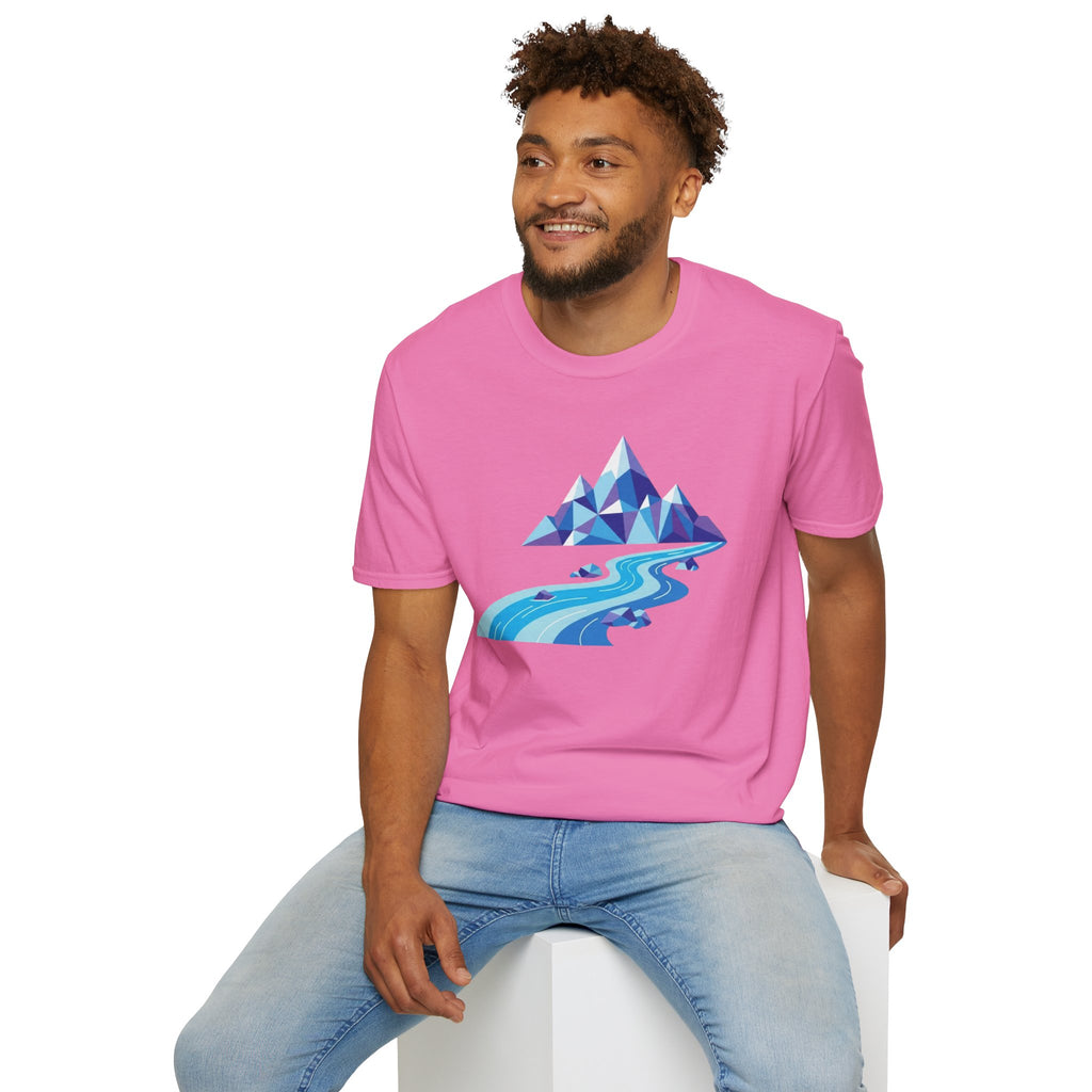 Mountain River T-Shirt — Geometric Blue Peaks & Flowing River