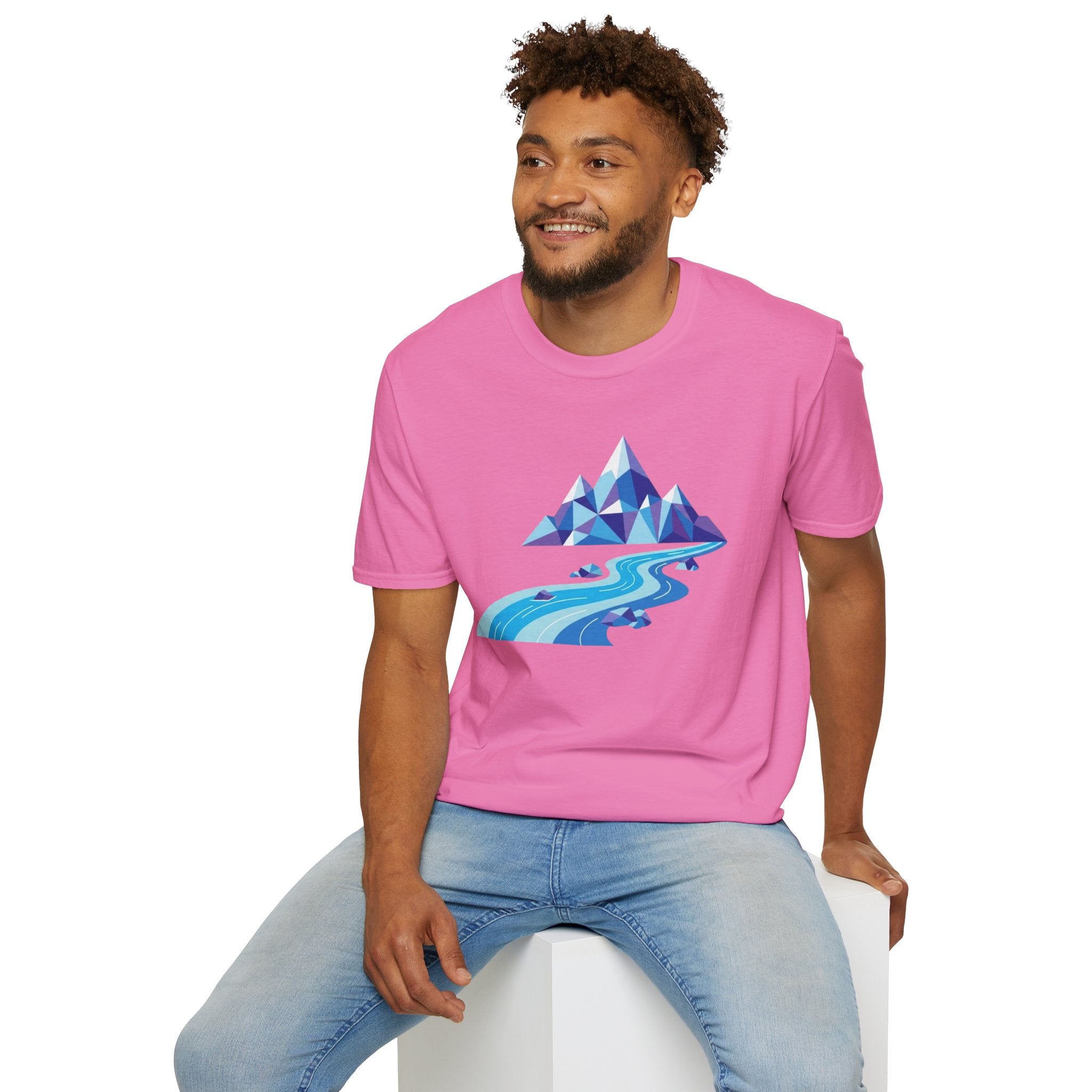 Mountain River T-Shirt — Geometric Blue Peaks & Flowing River