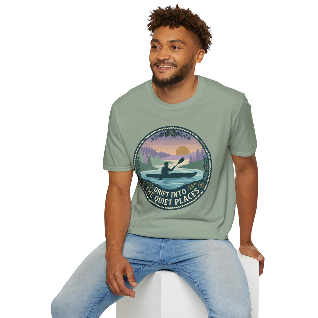 Kayak Sunset T‑Shirt — "Drift Into The Quiet Places" Outdoor Relaxation Tee