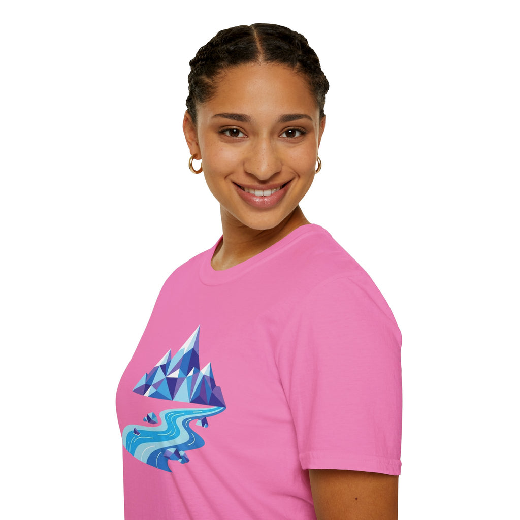 Mountain River T-Shirt — Geometric Blue Peaks & Flowing River