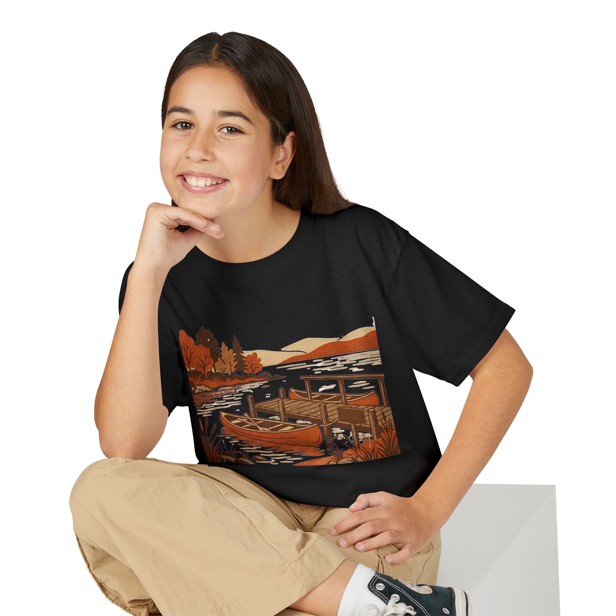 Youth T-Shirt — Autumn Lakeside Dock & Canoe Kids Tee