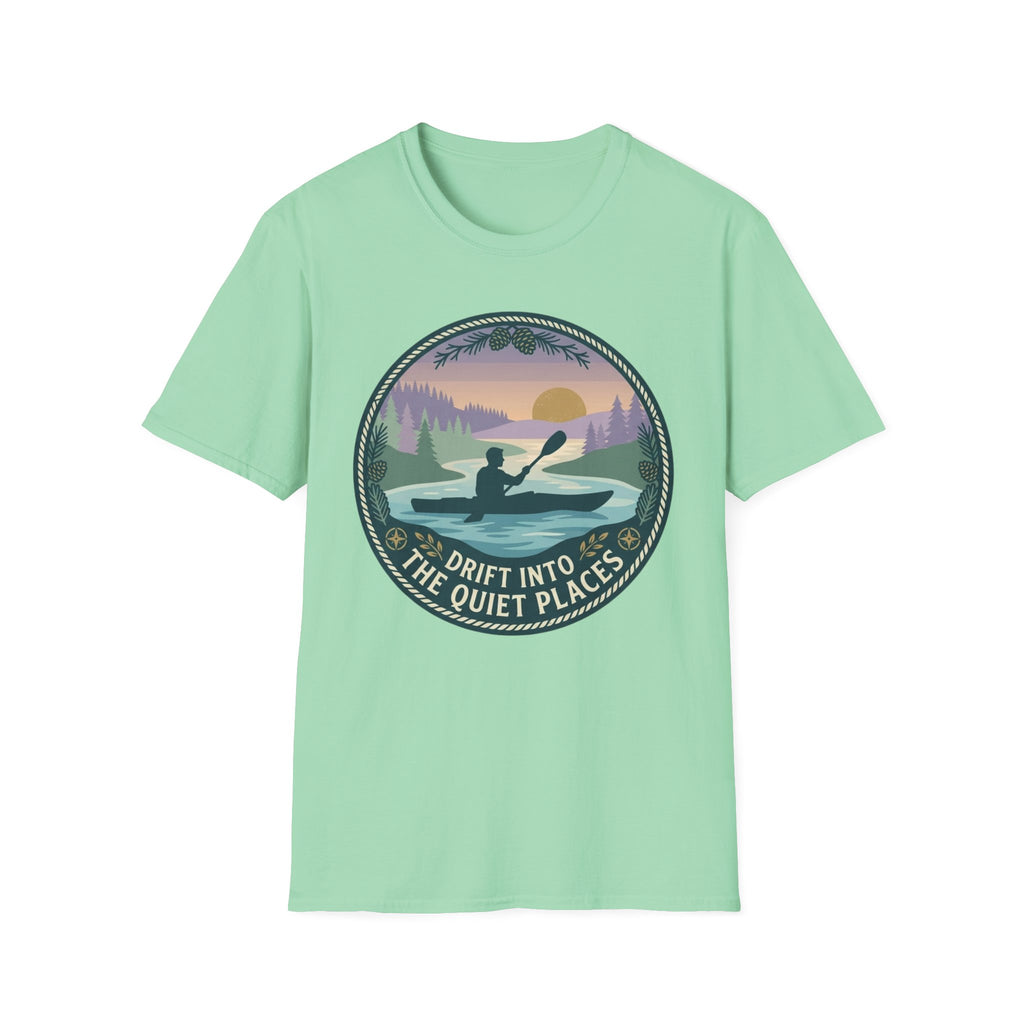 Kayak Sunset T‑Shirt — "Drift Into The Quiet Places" Outdoor Relaxation Tee