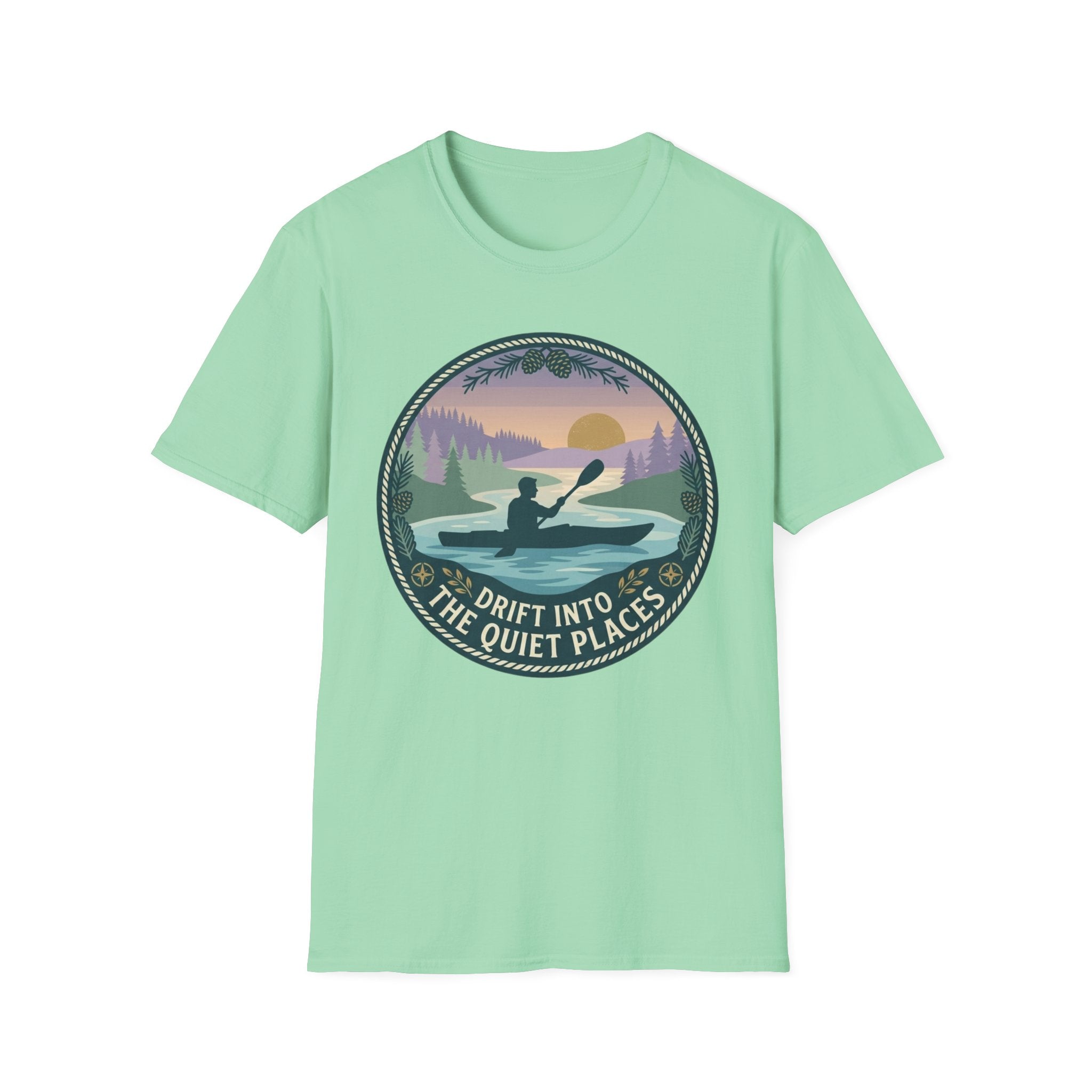 Kayak Sunset T‑Shirt — "Drift Into The Quiet Places" Outdoor Relaxation Tee