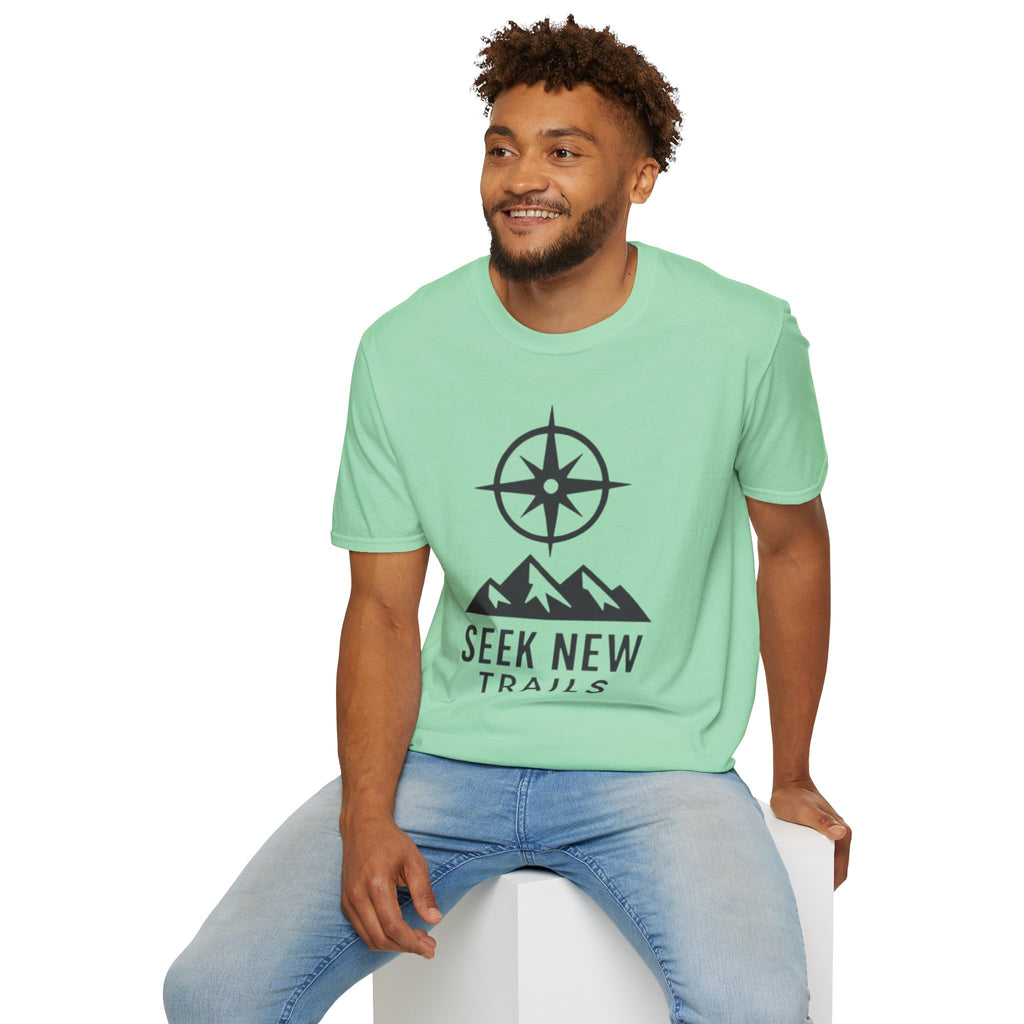 "Seek New Trails" Compass Over Mountains T-Shirt