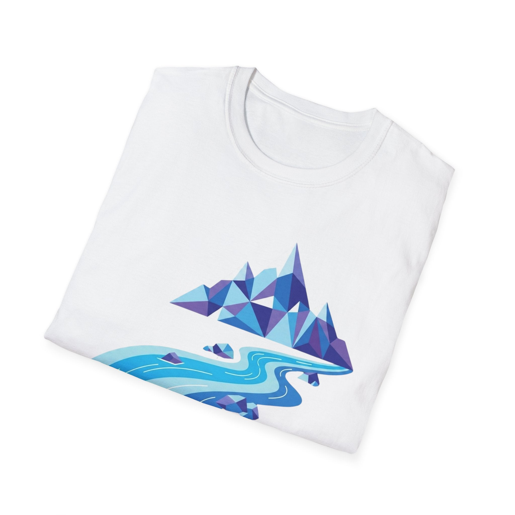 Mountain River T-Shirt — Geometric Blue Peaks & Flowing River