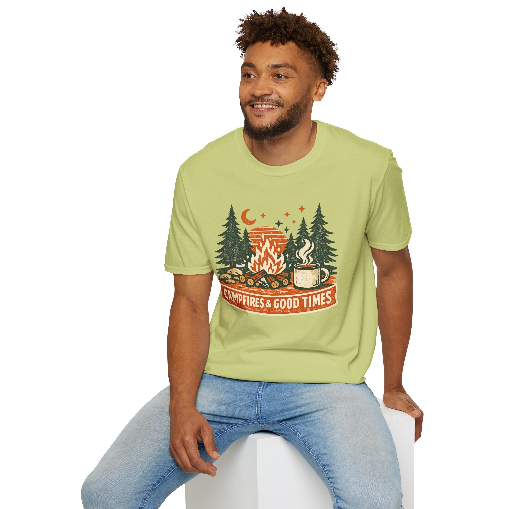 "Campfires & Good Times" T-Shirt — Retro Camping Tee with Bonfire, Trees & Coffee Mug