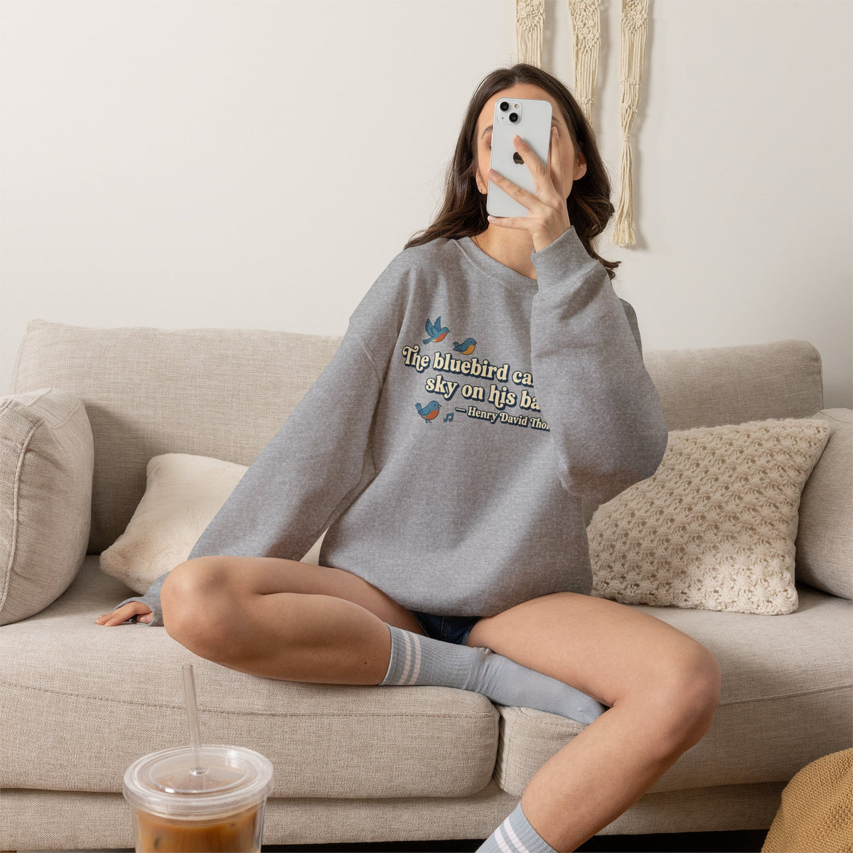 "The bluebird carries the sky on his back" Cozy Bluebird Graphic Thoreau Quote Crewneck Sweatshirt