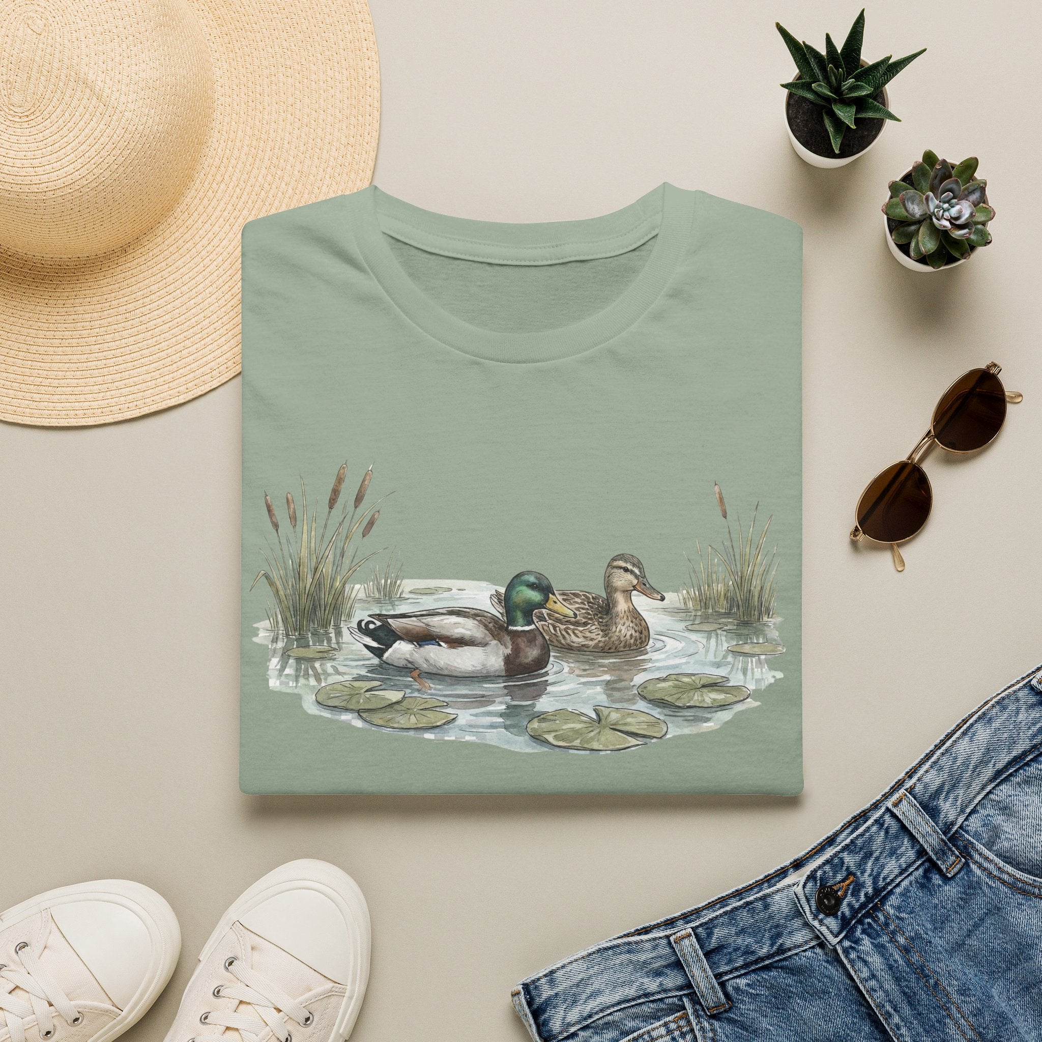 Duck Pair T-Shirt — Watercolor Mallard Ducks on Pond Nature Tee
