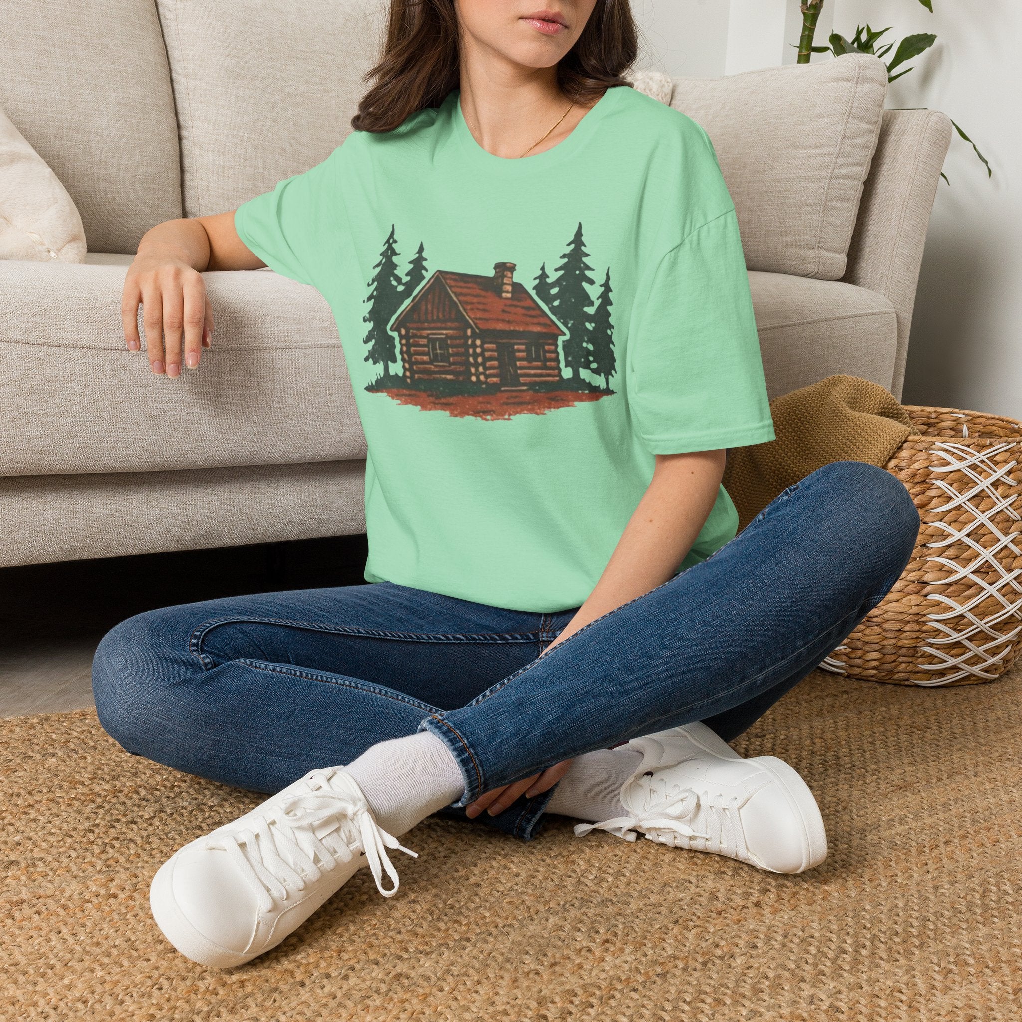 Vintage Cozy Cabin T-Shirt — Faded Pine Tree Cabin Tee