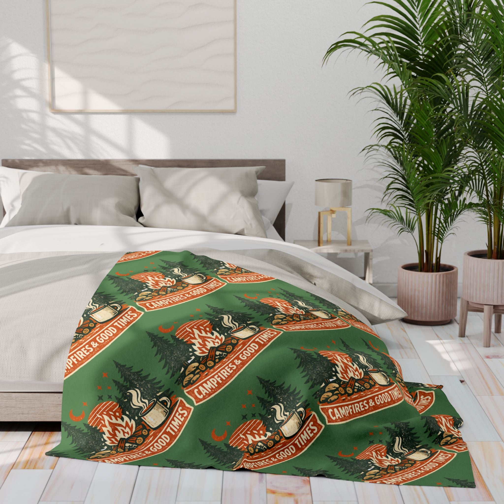 Campfire Cozy Fleece Blanket – 'Campfires & Good Times' Retro Outdoor Throw