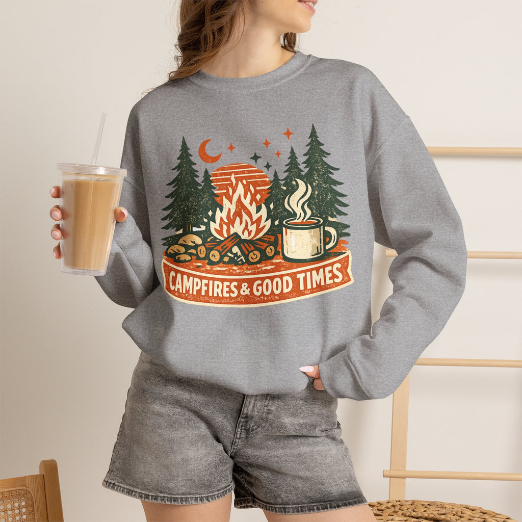 "Campfires & Good Times" Crewneck Sweatshirt — Cozy Camping Graphic Pullover Sweatshirt