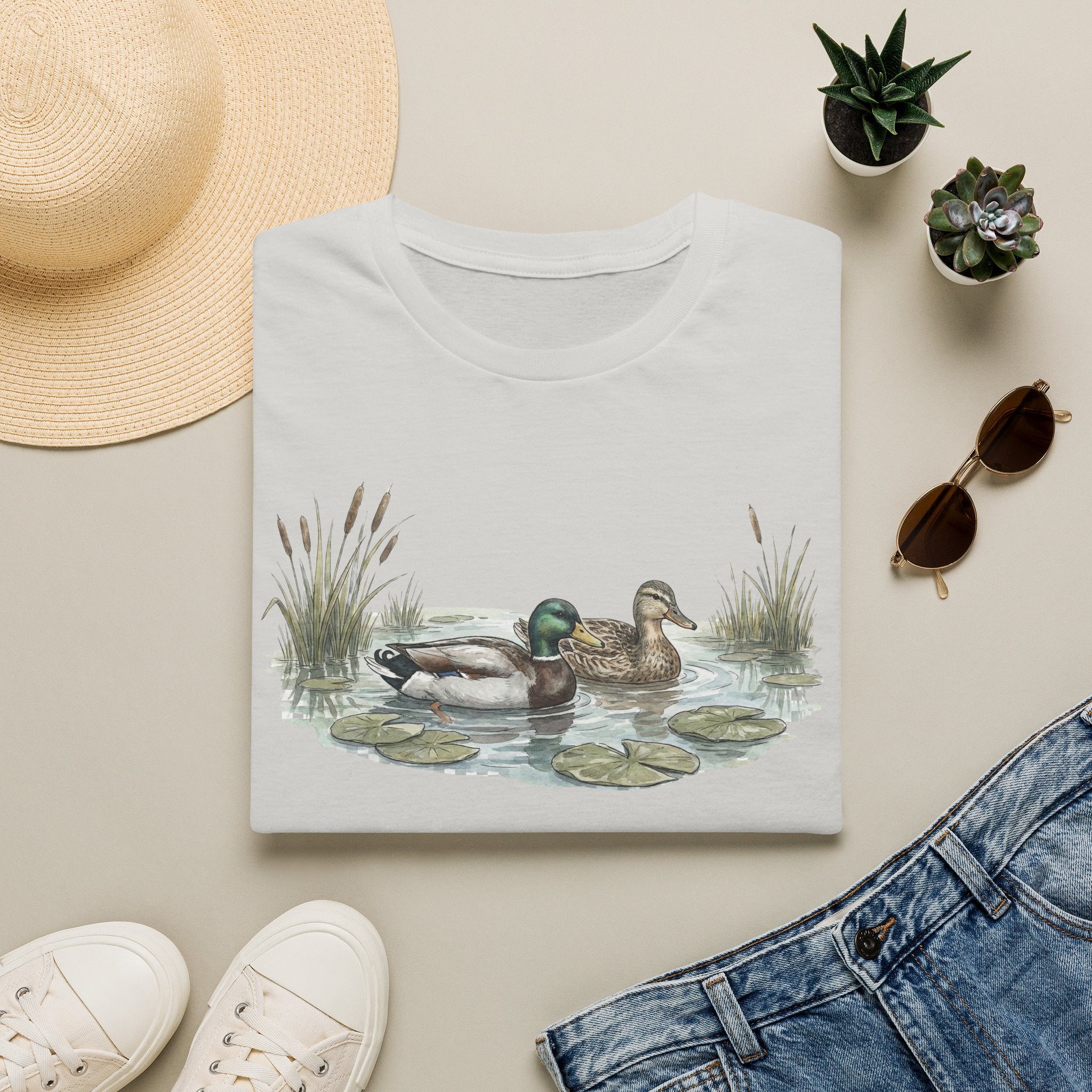 Duck Pair T-Shirt — Watercolor Mallard Ducks on Pond Nature Tee