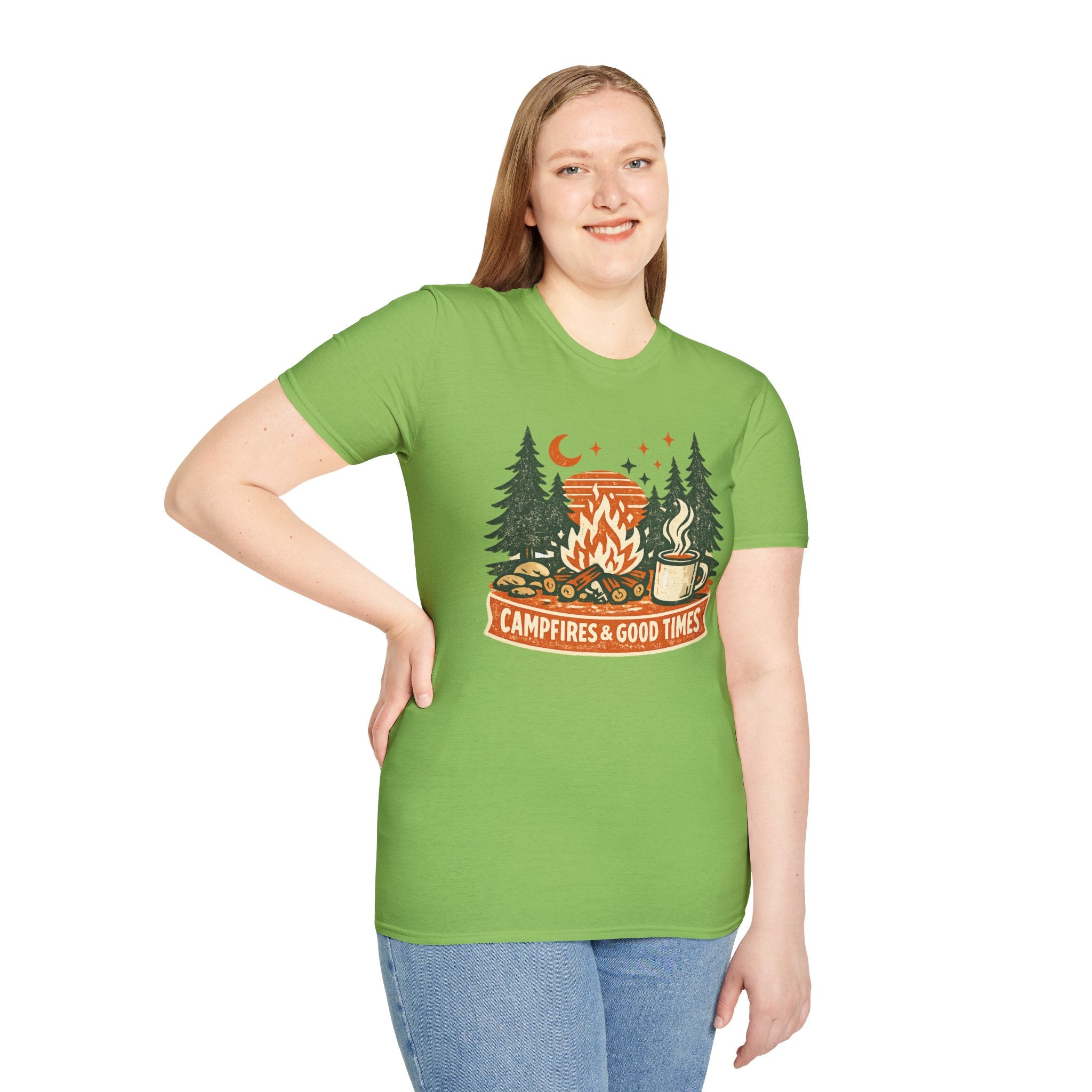 "Campfires & Good Times" T-Shirt — Retro Camping Tee with Bonfire, Trees & Coffee Mug
