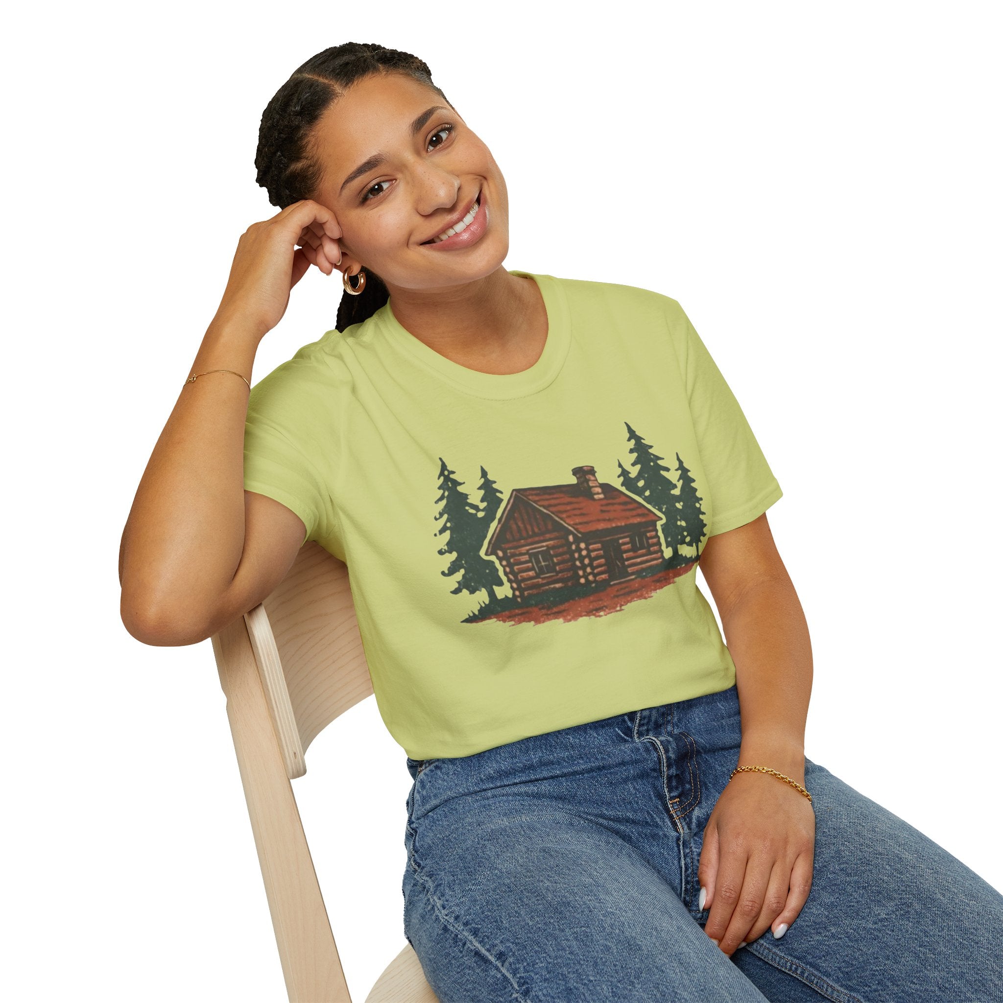 Vintage Cozy Cabin T-Shirt — Faded Pine Tree Cabin Tee