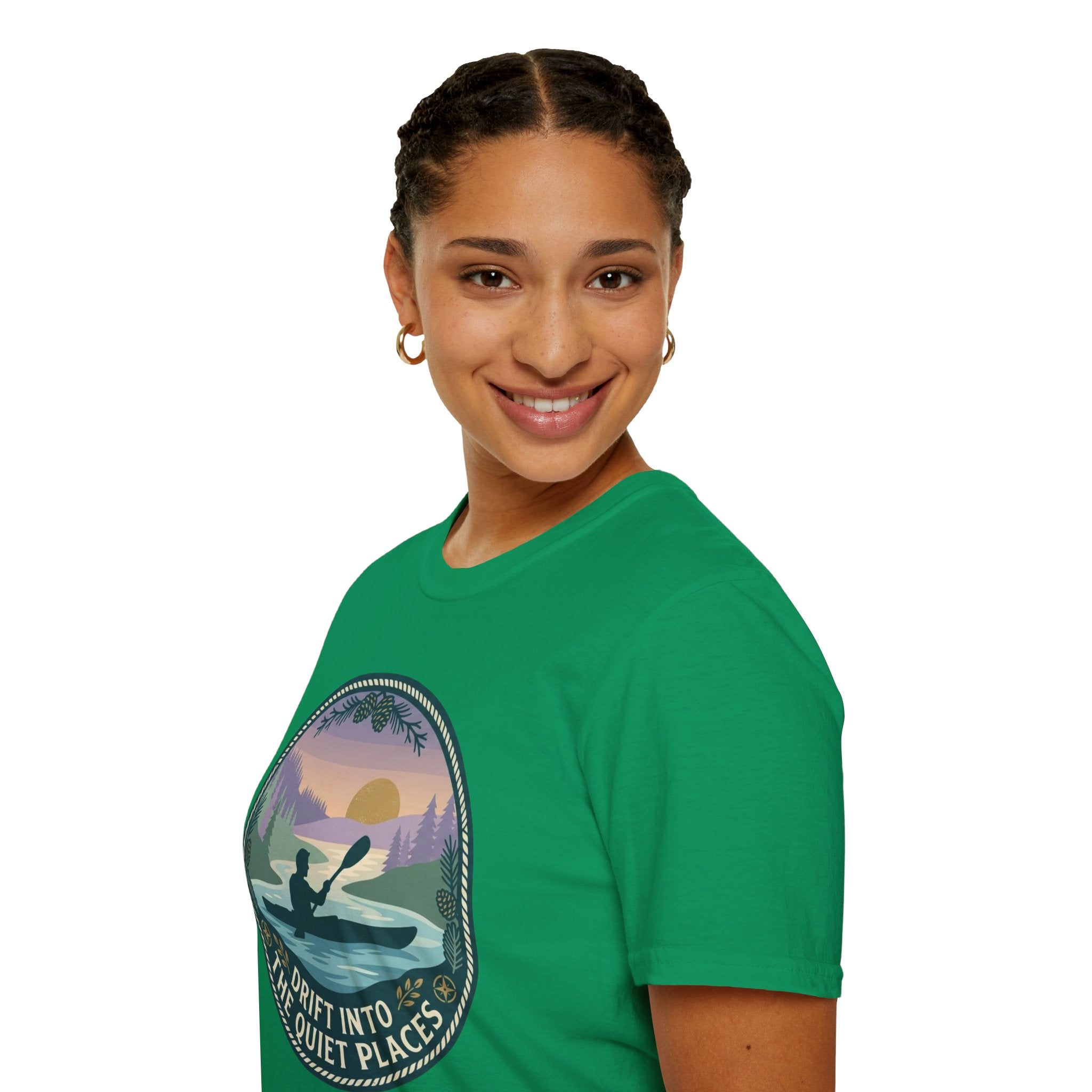 Kayak Sunset T‑Shirt — "Drift Into The Quiet Places" Outdoor Relaxation Tee