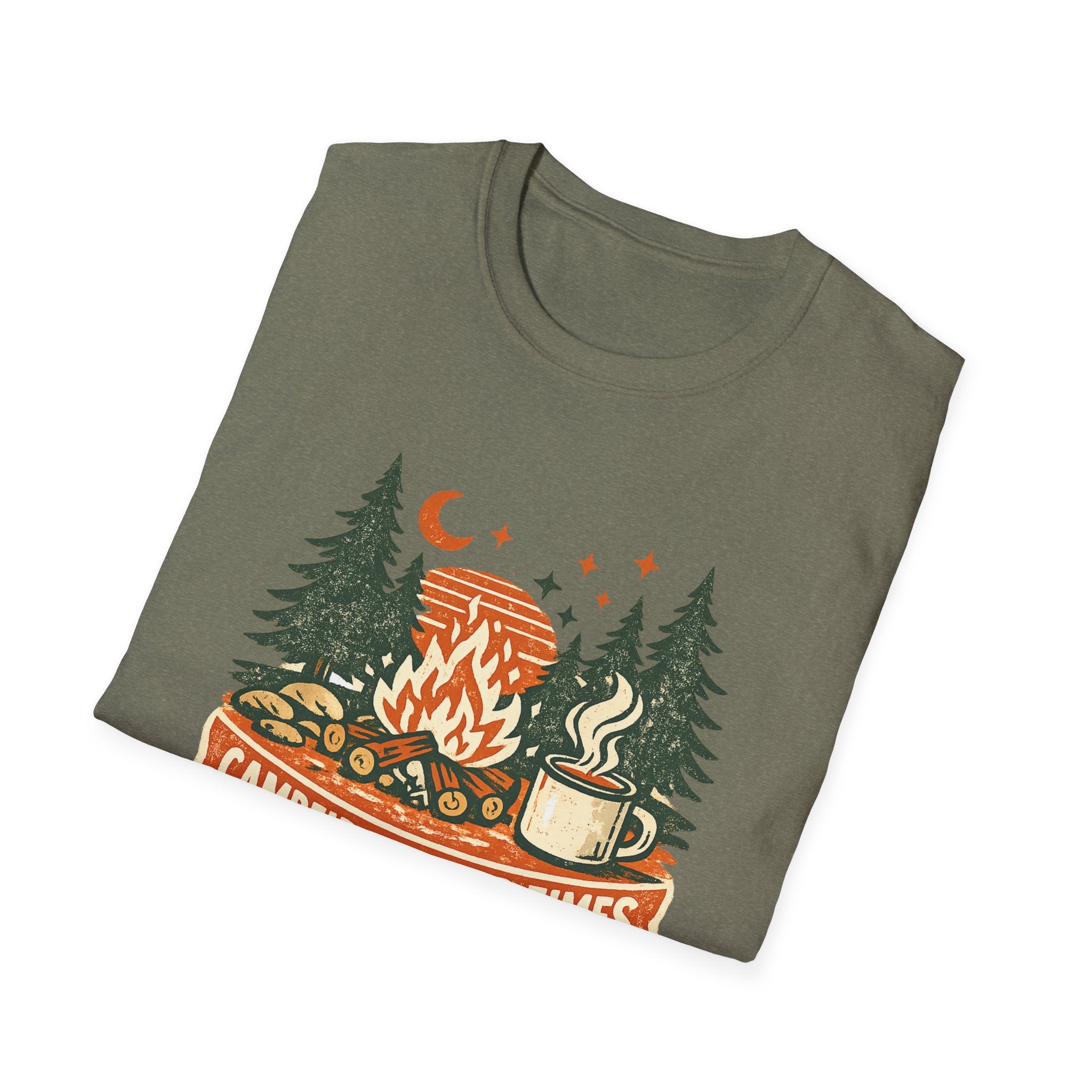 Campfires & Good Times T-Shirt — Retro Camping Tee with Bonfire, Trees & Coffee Mug