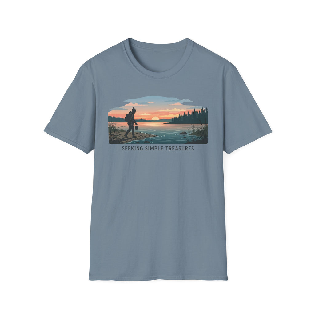 Outdoor T-Shirt — "Seeking Simple Treasures" Sunset Hiker Graphic