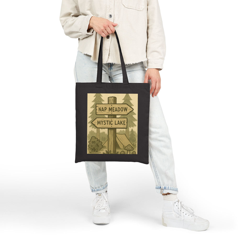Tote Bag — Rustic ‘Nap Meadow / Mystic Lake’ Camping Sign Canvas Tote