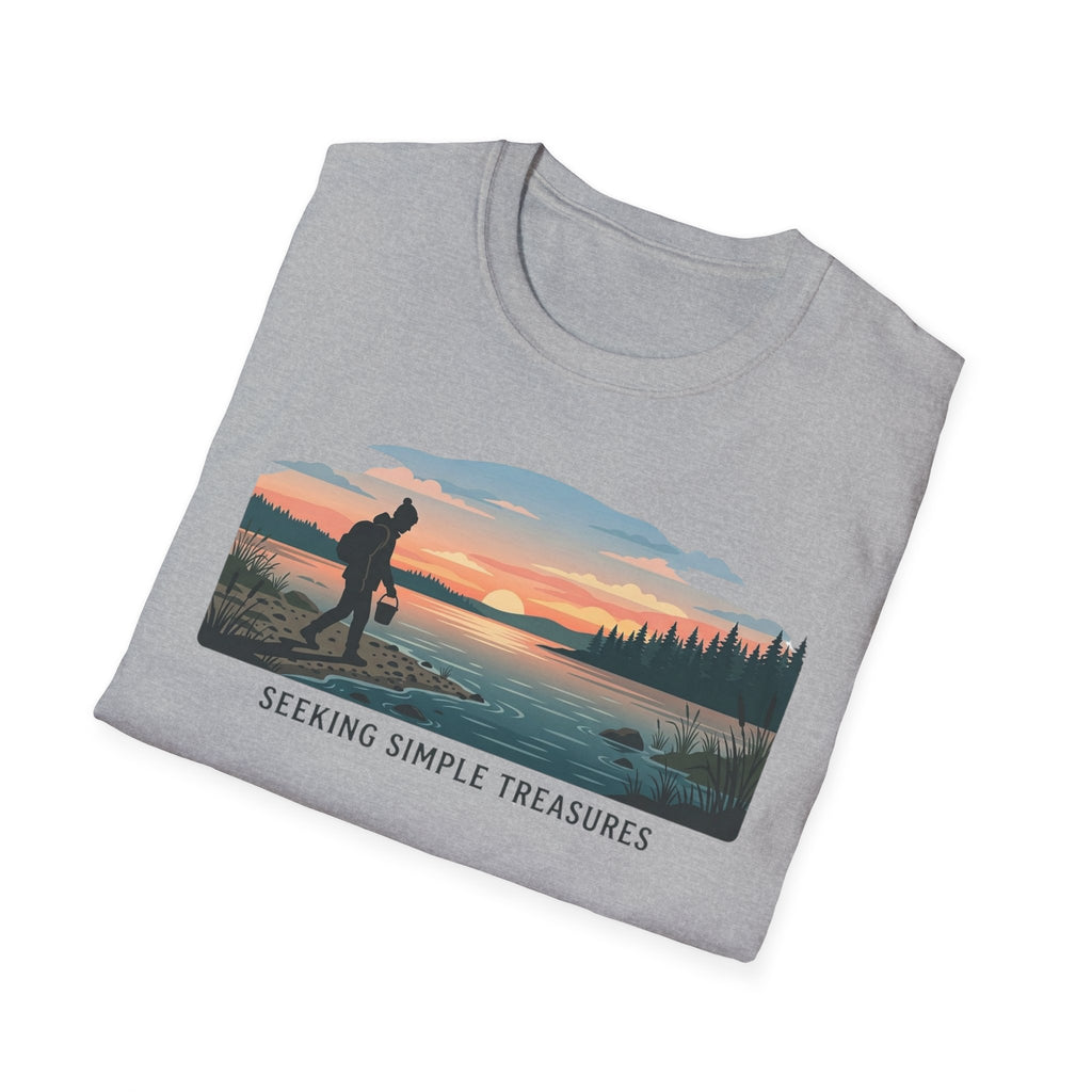 Outdoor T-Shirt — "Seeking Simple Treasures" Sunset Hiker Graphic