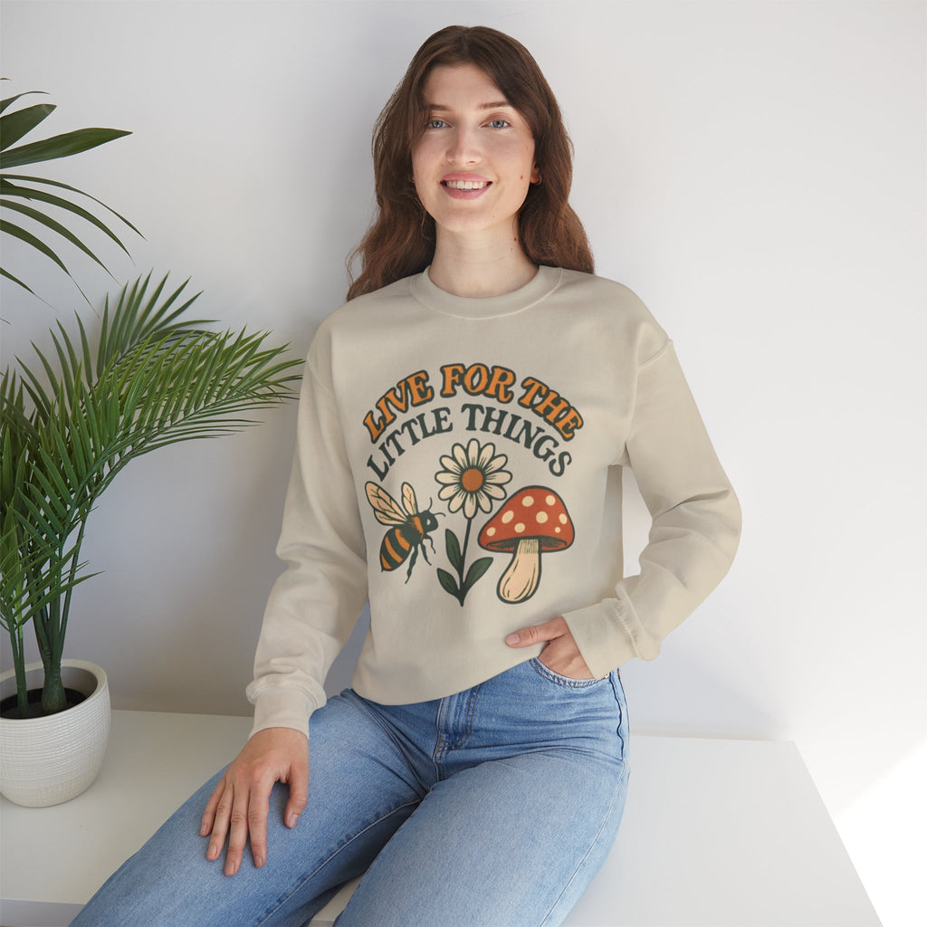 "Live For The Little Things" Bee, Daisy & Mushroom Retro Nature Design Crewneck Sweatshirt