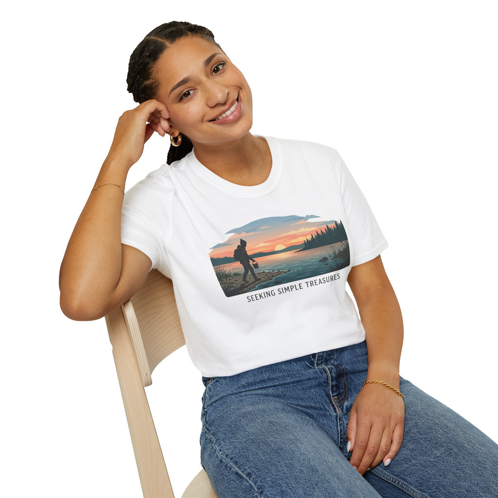 Outdoor T-Shirt — "Seeking Simple Treasures" Sunset Hiker Graphic