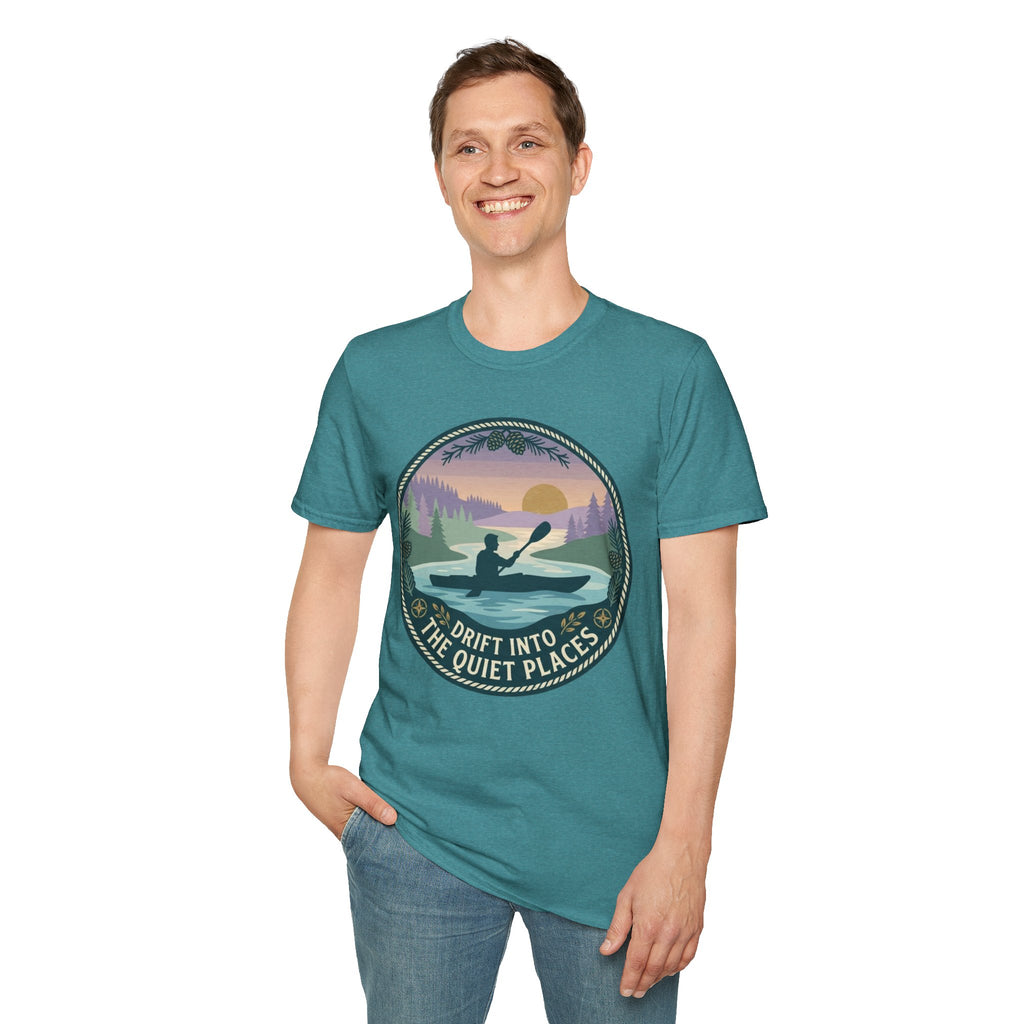 "Drift Into The Quiet Places" Kayak Sunset T‑Shirt — Outdoor Relaxation Tee Shirt
