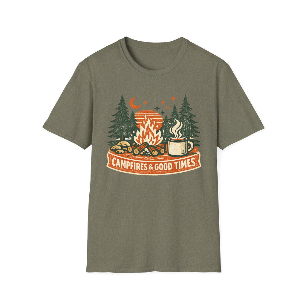 "Campfires & Good Times" T-Shirt — Retro Camping Tee with Bonfire, Trees & Coffee Mug