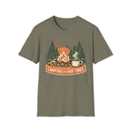 "Campfires & Good Times" T-Shirt — Retro Camping Tee with Bonfire, Trees & Coffee Mug