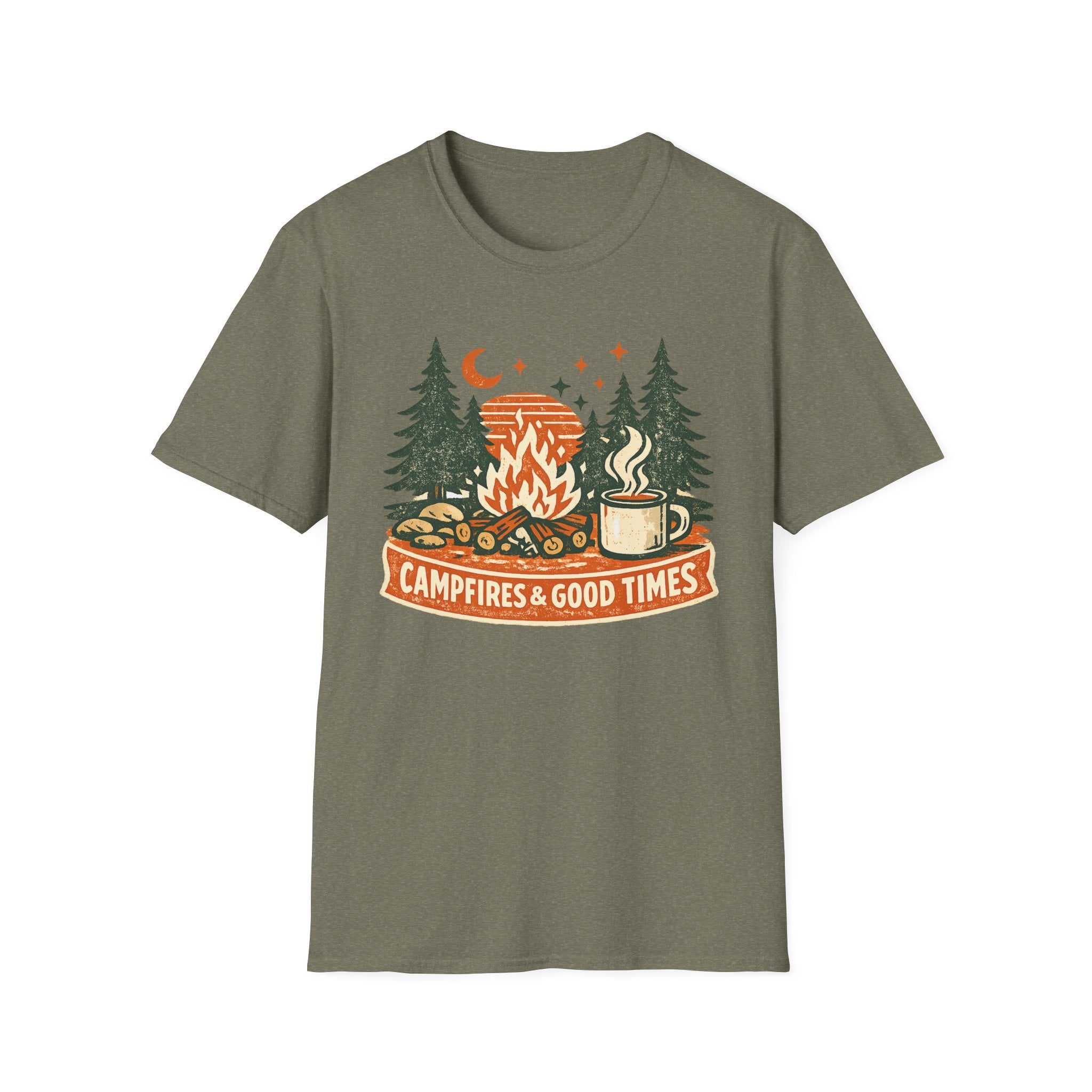 "Campfires & Good Times" T-Shirt — Retro Camping Tee with Bonfire, Trees & Coffee Mug