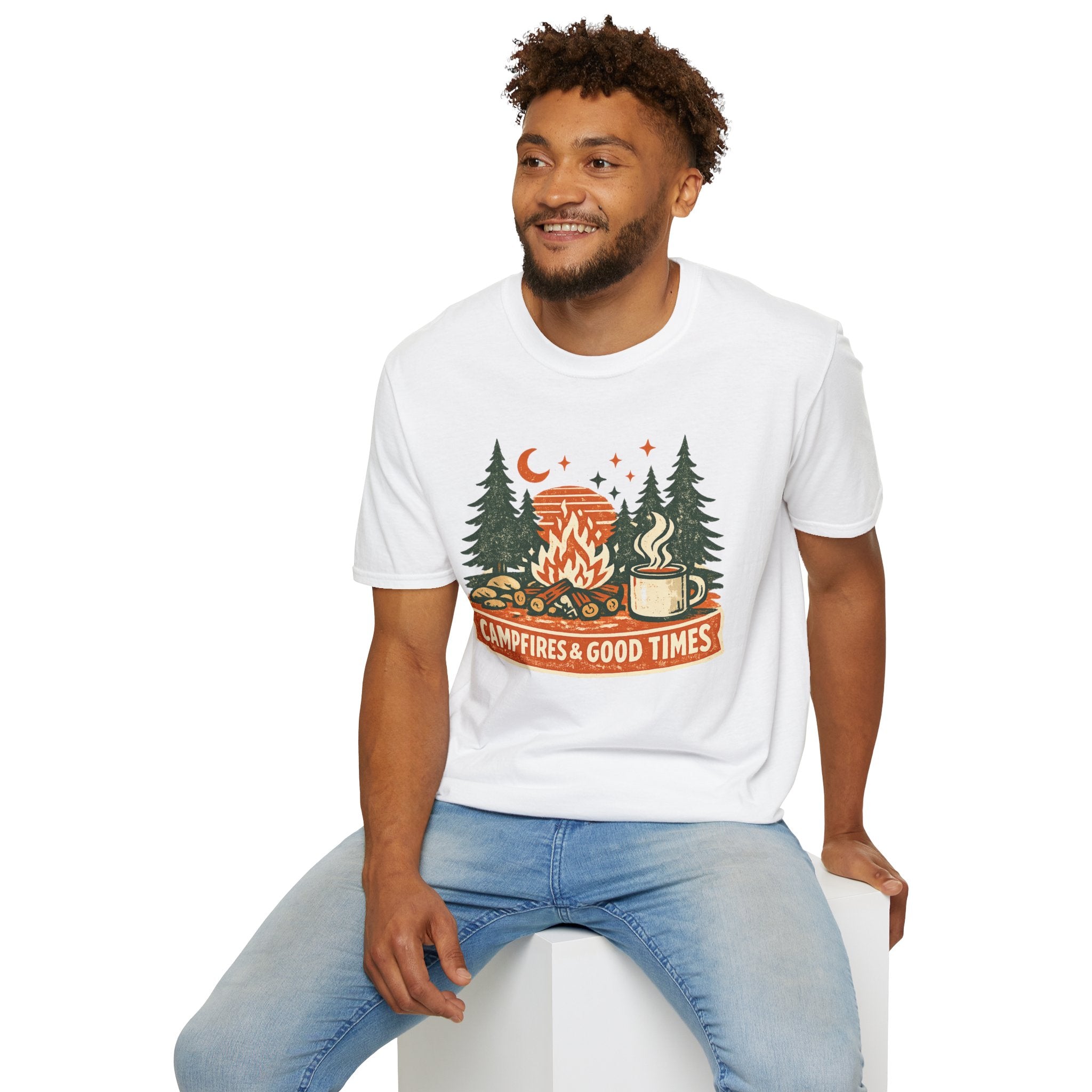 "Campfires & Good Times" T-Shirt — Retro Camping Tee with Bonfire, Trees & Coffee Mug