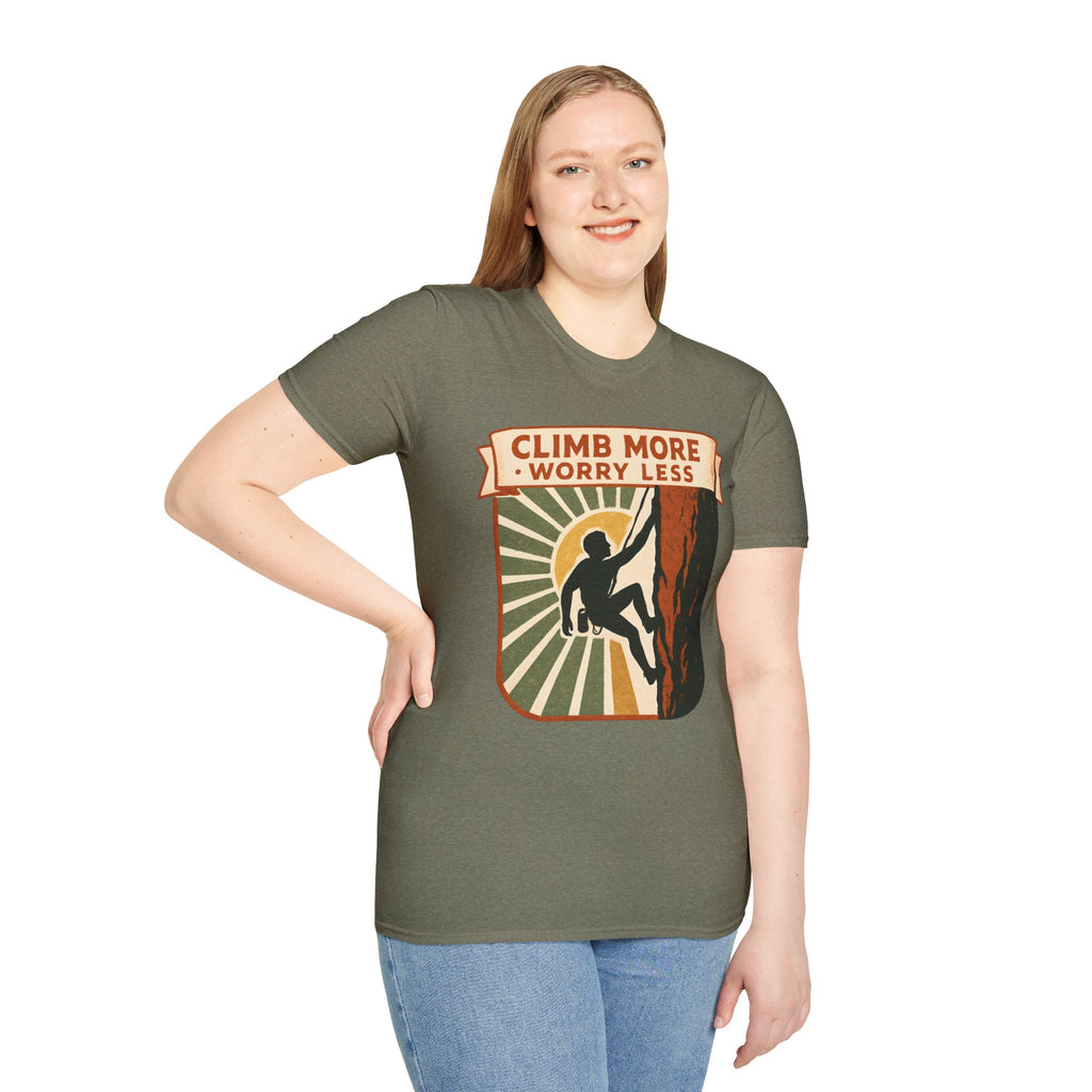 "Climb More Worry Less" Mountain Climber Silhouette with Sunburst T-Shirt