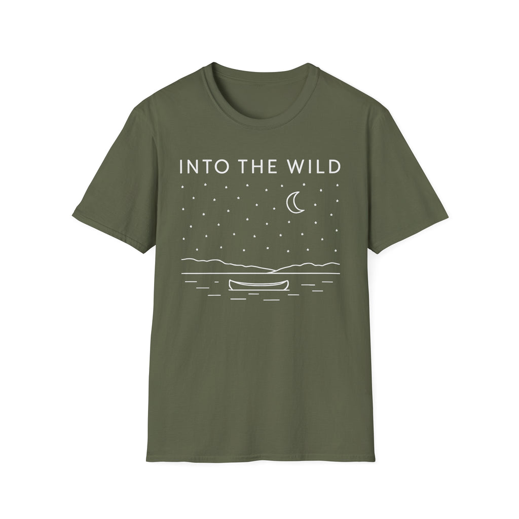 Into The Wild Canoe T-Shirt - Minimal Night Sky Lake Camping Tee