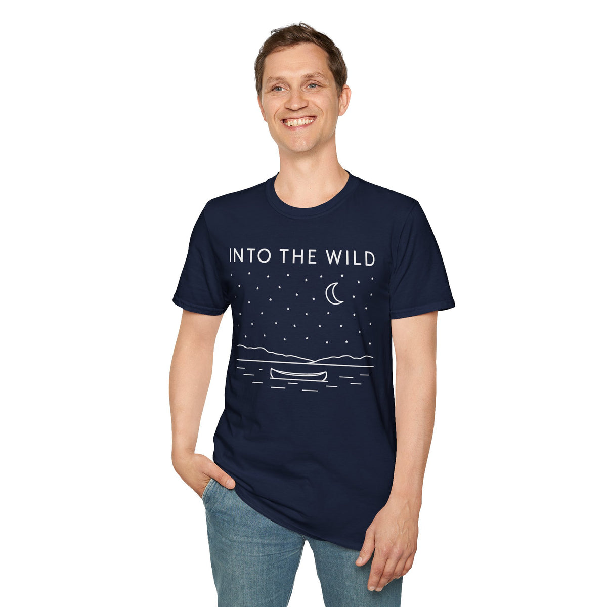 Into The Wild Canoe T-Shirt - Minimal Night Sky Lake Camping Tee