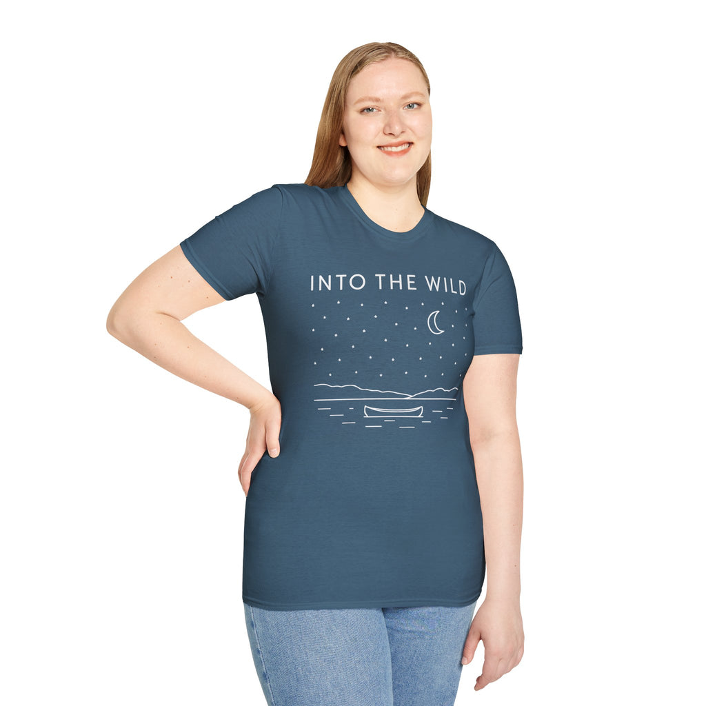 Into The Wild Canoe T-Shirt - Minimal Night Sky Lake Camping Tee