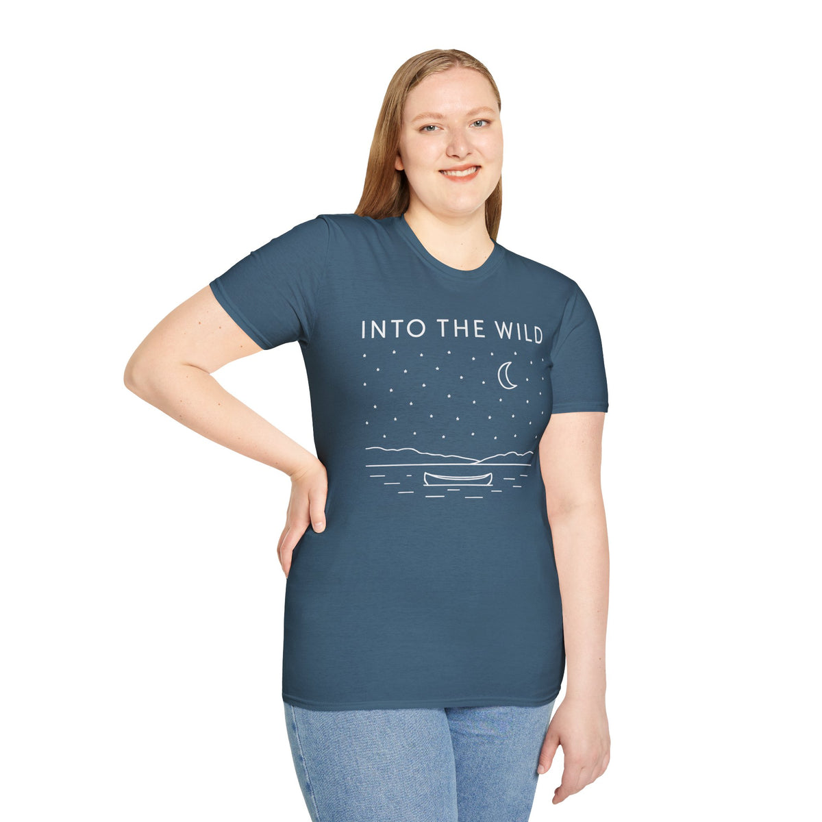 Into The Wild Canoe T-Shirt - Minimal Night Sky Lake Camping Tee