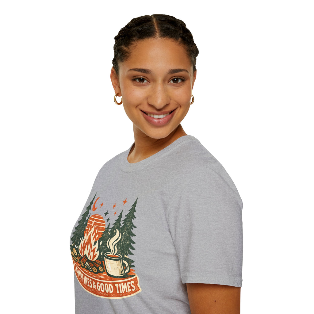"Campfires & Good Times" T-Shirt — Retro Camping Tee with Bonfire, Trees & Coffee Mug