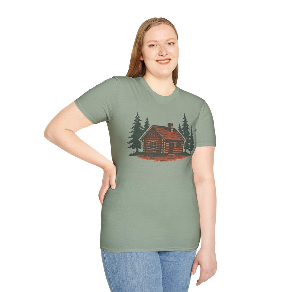 Vintage Cozy Cabin T-Shirt — Faded Pine Tree Cabin Tee