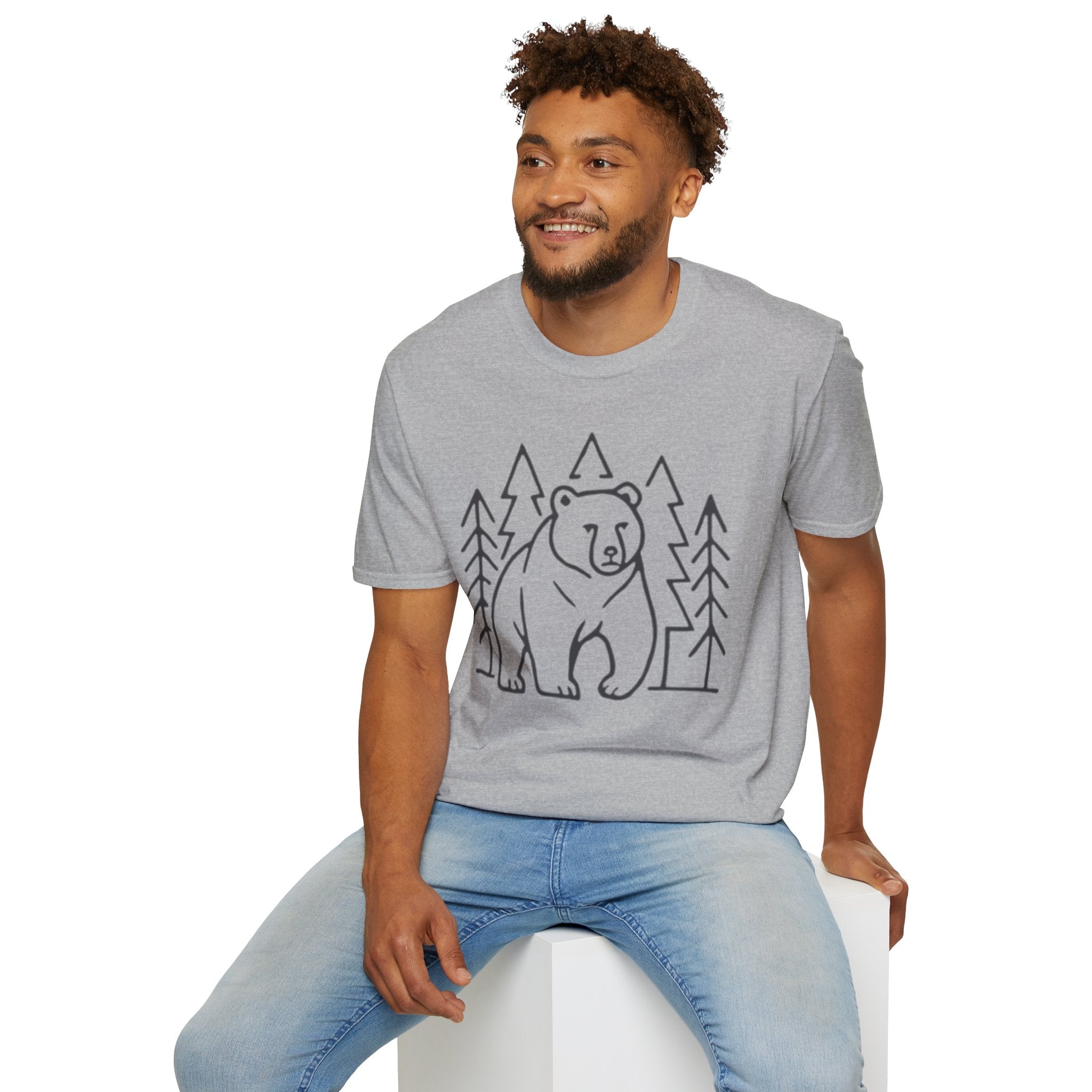 Bear & Pines T-Shirt — Minimal Line Drawing Woodland Tee