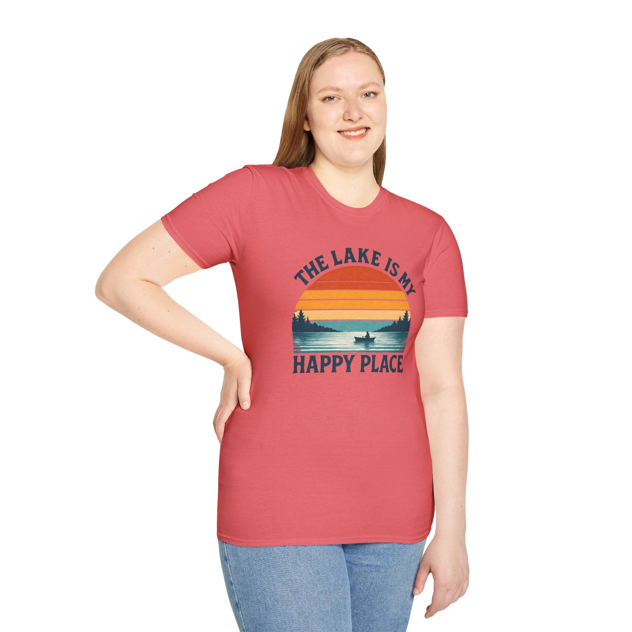 Canoe On The Lake At Sunset "The Lake Is My Happy Place" T-Shirt
