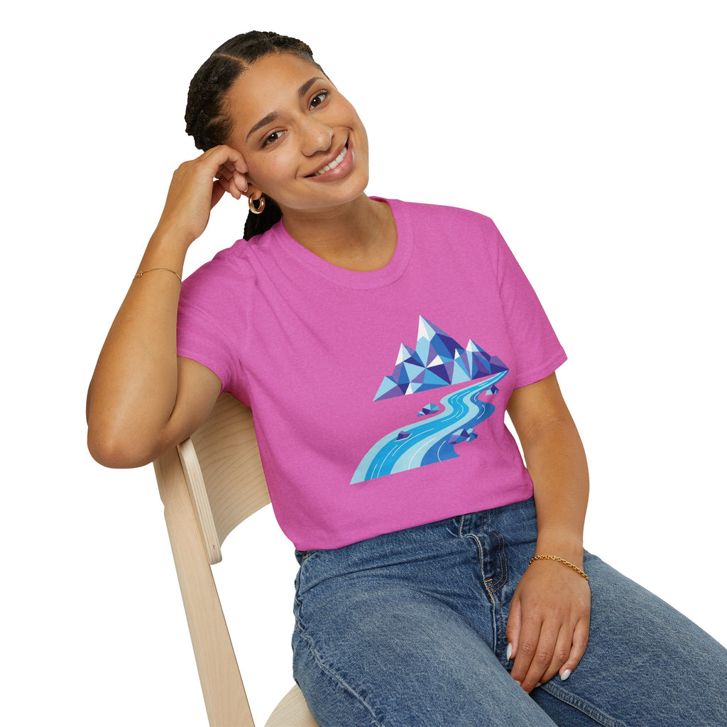 Mountain River T-Shirt — Geometric Blue Peaks & Flowing River