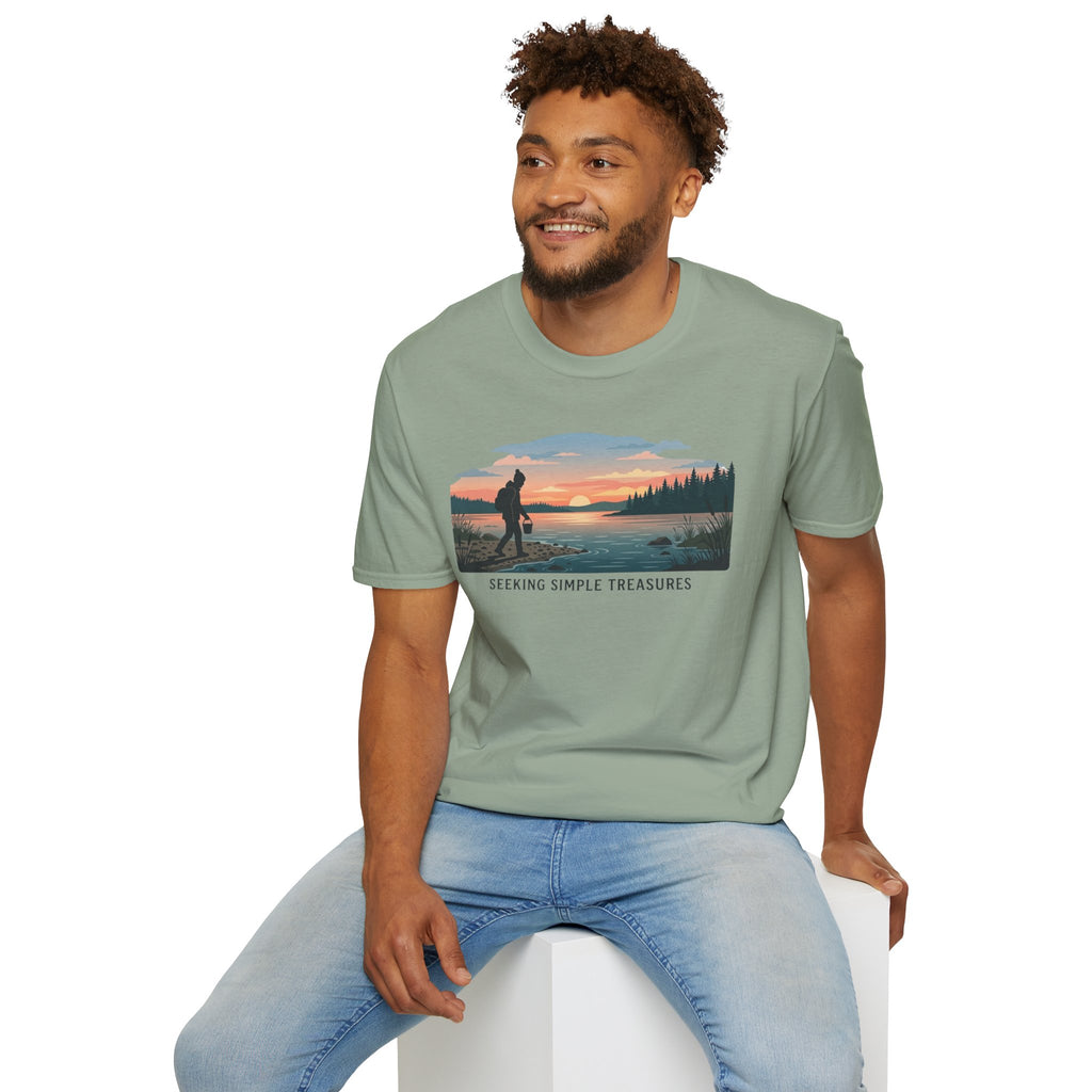 Outdoor T-Shirt — "Seeking Simple Treasures" Sunset Hiker Graphic