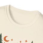 "Campfires & Good Times" T-Shirt — Retro Camping Tee with Bonfire, Trees & Coffee Mug