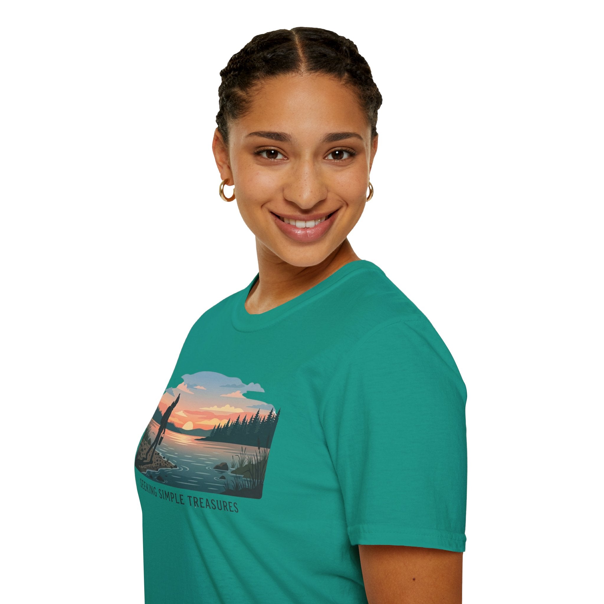 Outdoor T-Shirt — "Seeking Simple Treasures" Sunset Hiker Graphic