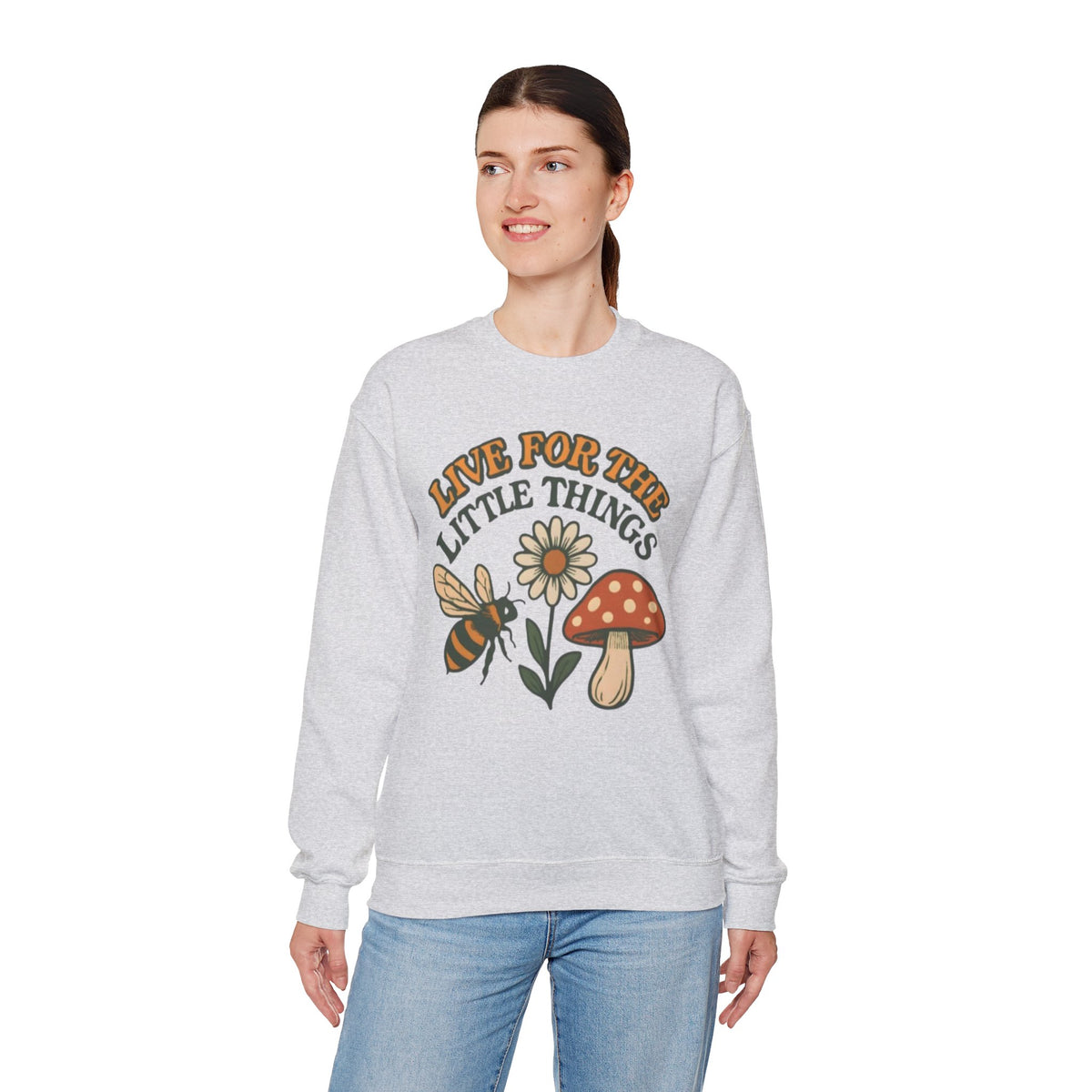 "Live For The Little Things" Bee, Daisy & Mushroom Retro Nature Design Crewneck Sweatshirt