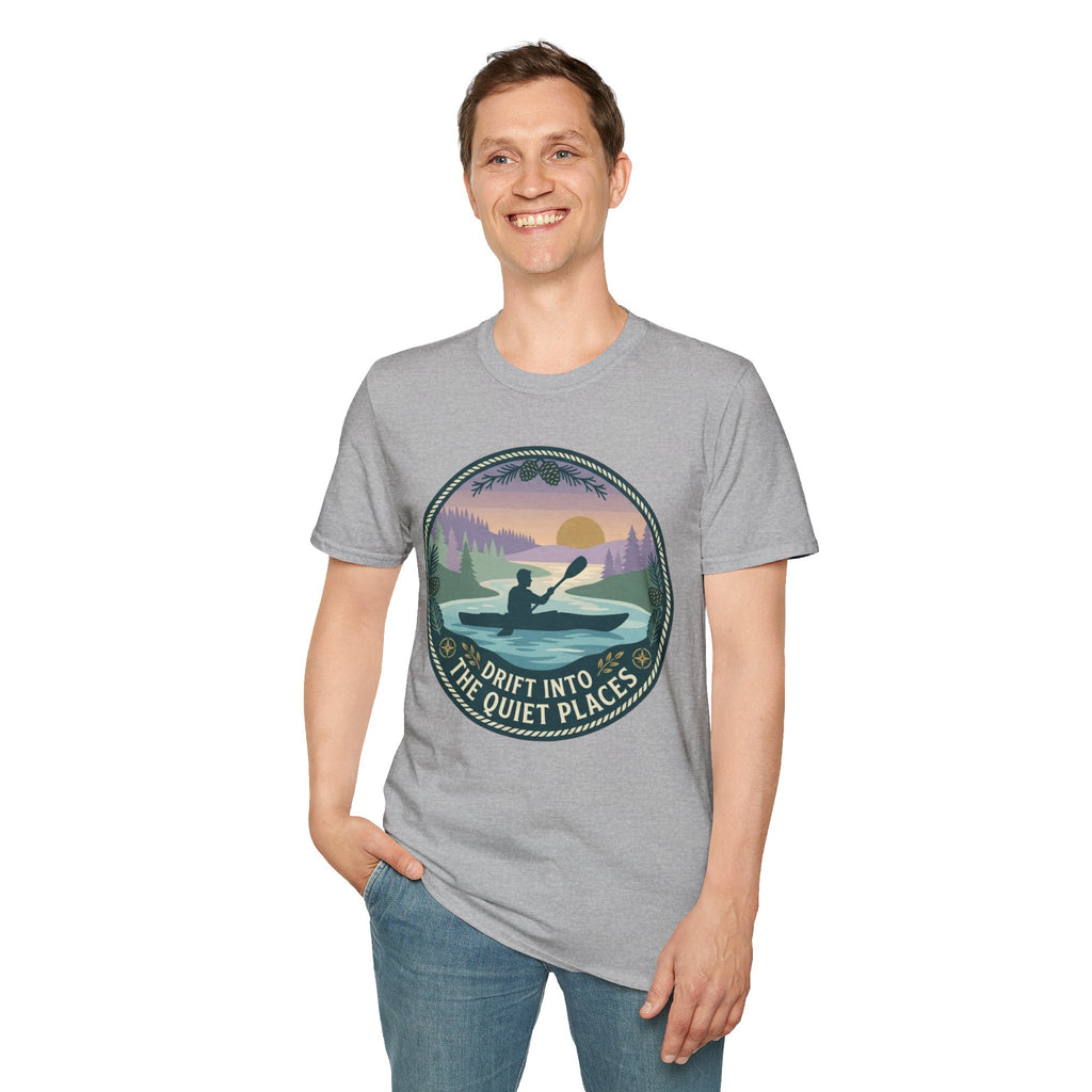 Kayak Sunset T‑Shirt — "Drift Into The Quiet Places" Outdoor Relaxation Tee